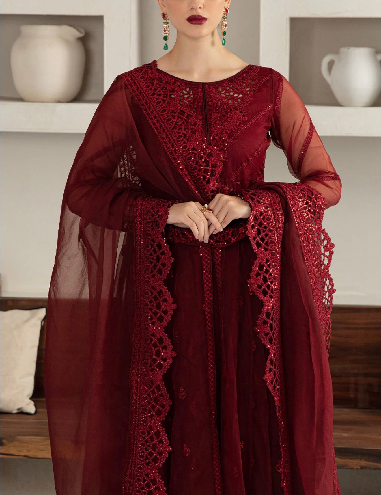 Vanya Maroon Pishwas with Embellishments and Embroidery