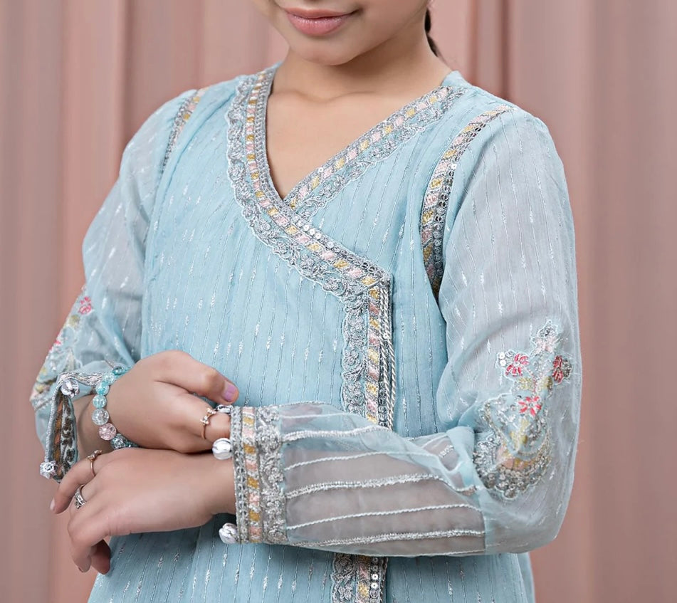 Maria B 3 Piece Embroidered Cotton Jacquard Zari Gharara Suit Blue (Girls), New with Tags