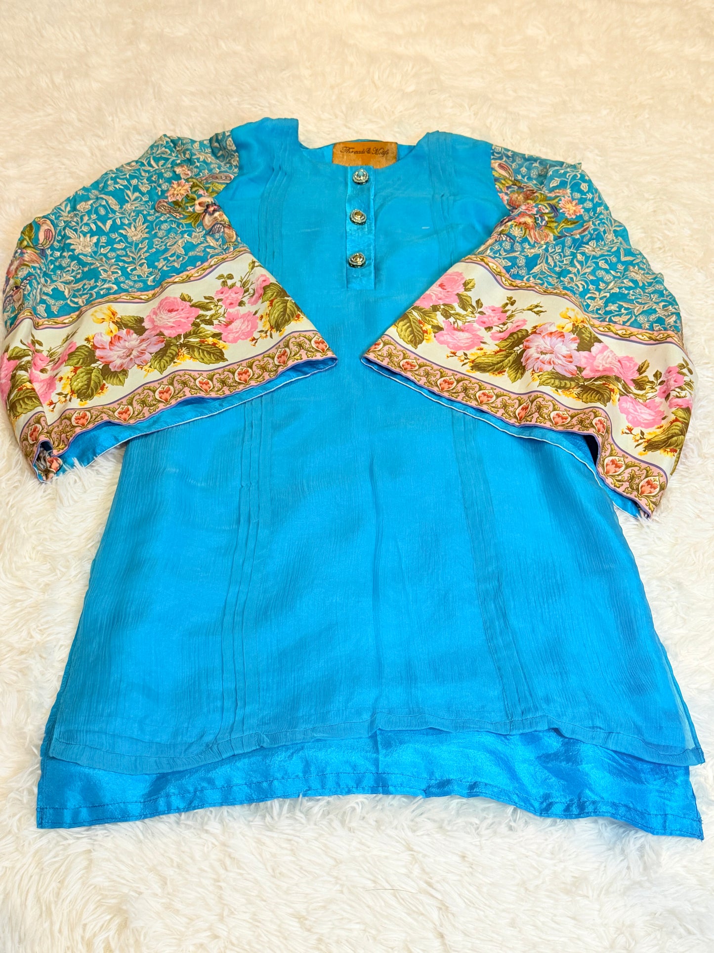 Threads & Motifs Teal Chiffon Shirt with Slip and Heavily Embroidered Bell Sleeves