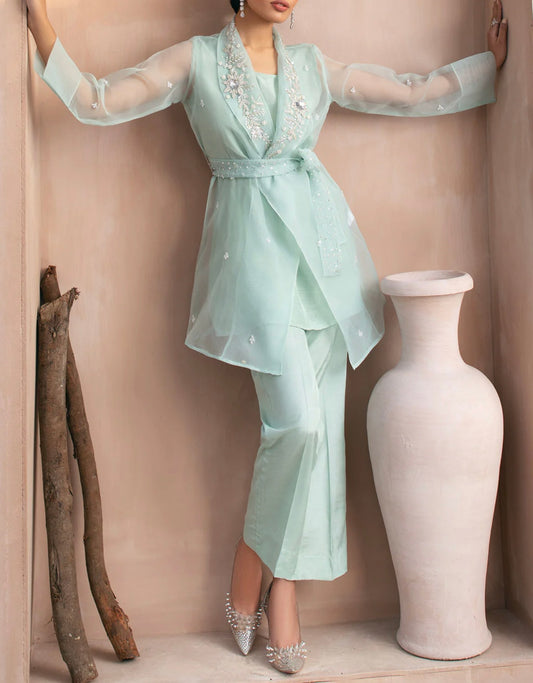 Vanya Ice Blue Jacket with Embellishments with Pants and Slip