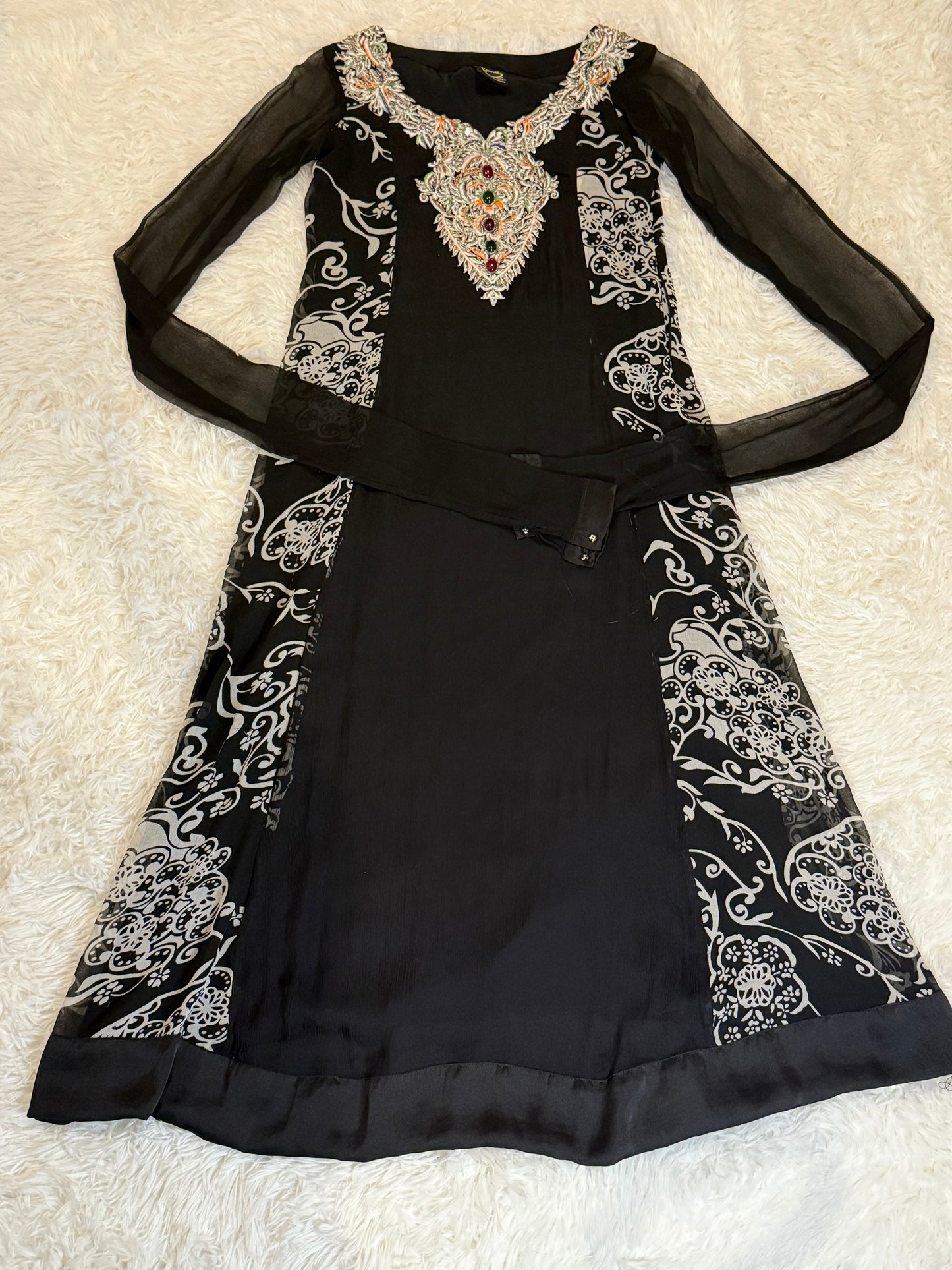Zeenat by Hina Butt Black Chiffon Anarkali Style Suit with Pajama Pants and “Chinyere” Sleeves