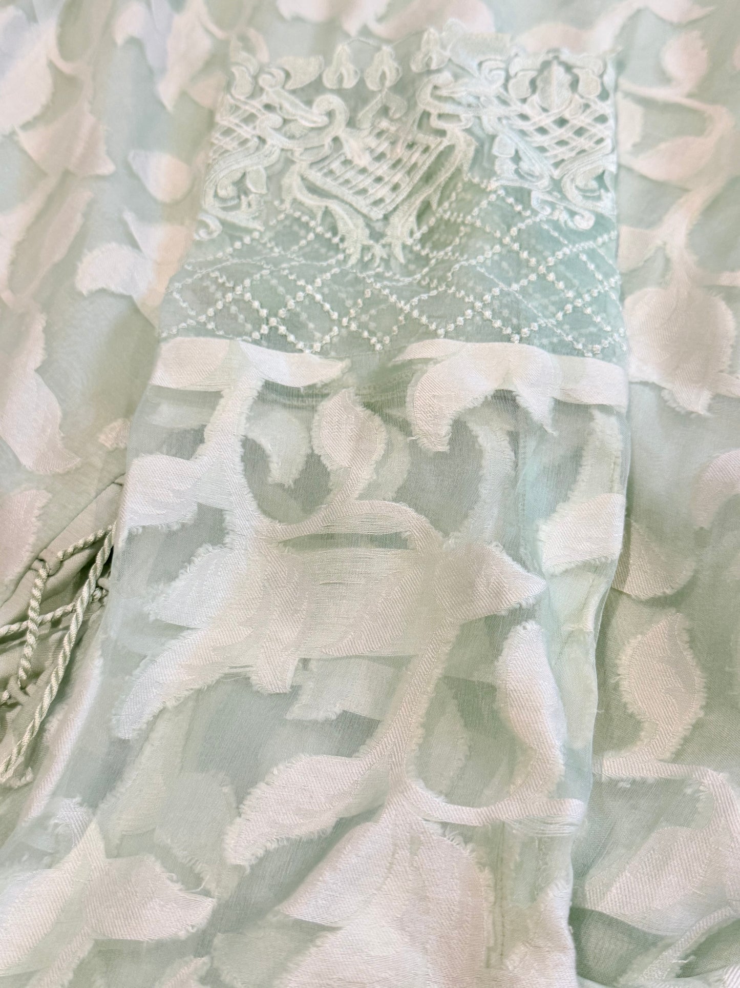 Sana Abbas Muted Seafoam Green Shirt with White Floral Pattern and Seafoam Green Embroidery