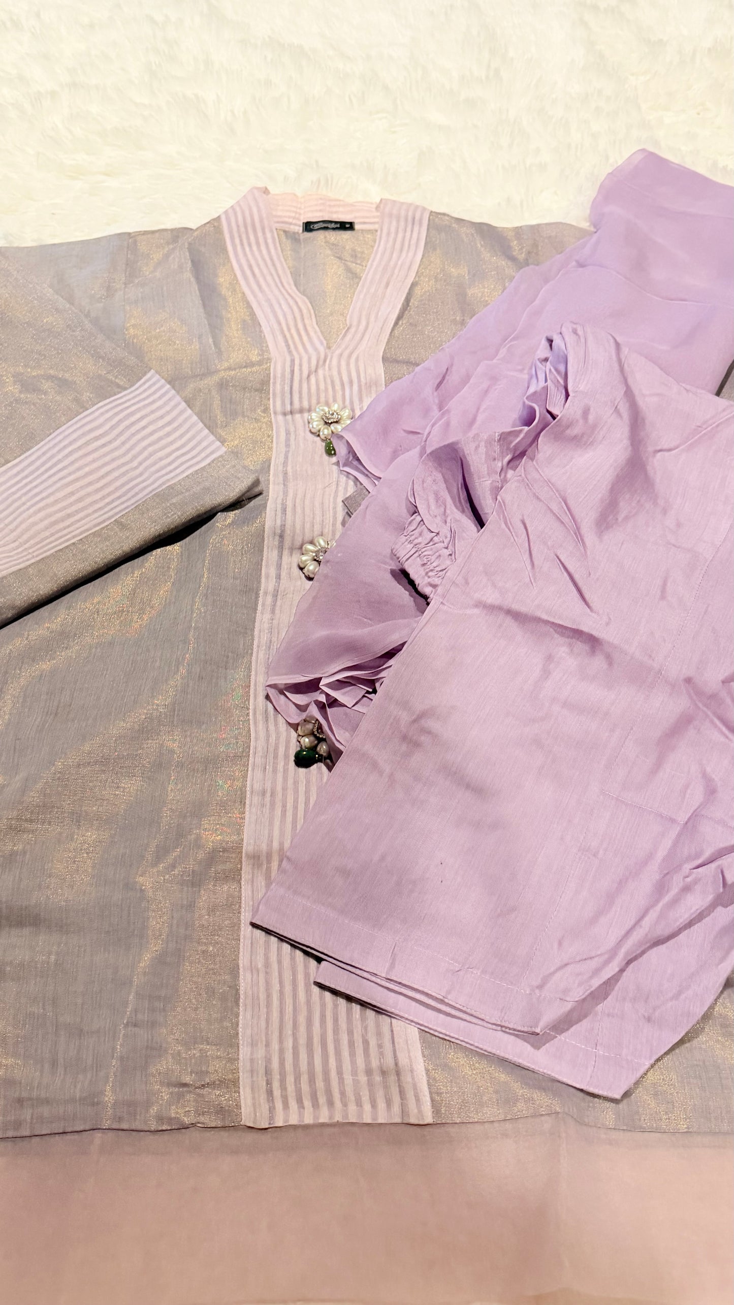 Cross Stitch Cotton Silk Shirt with Metallic Shimmer in Lavender with Pearl Embellishments along front and Organza Hem