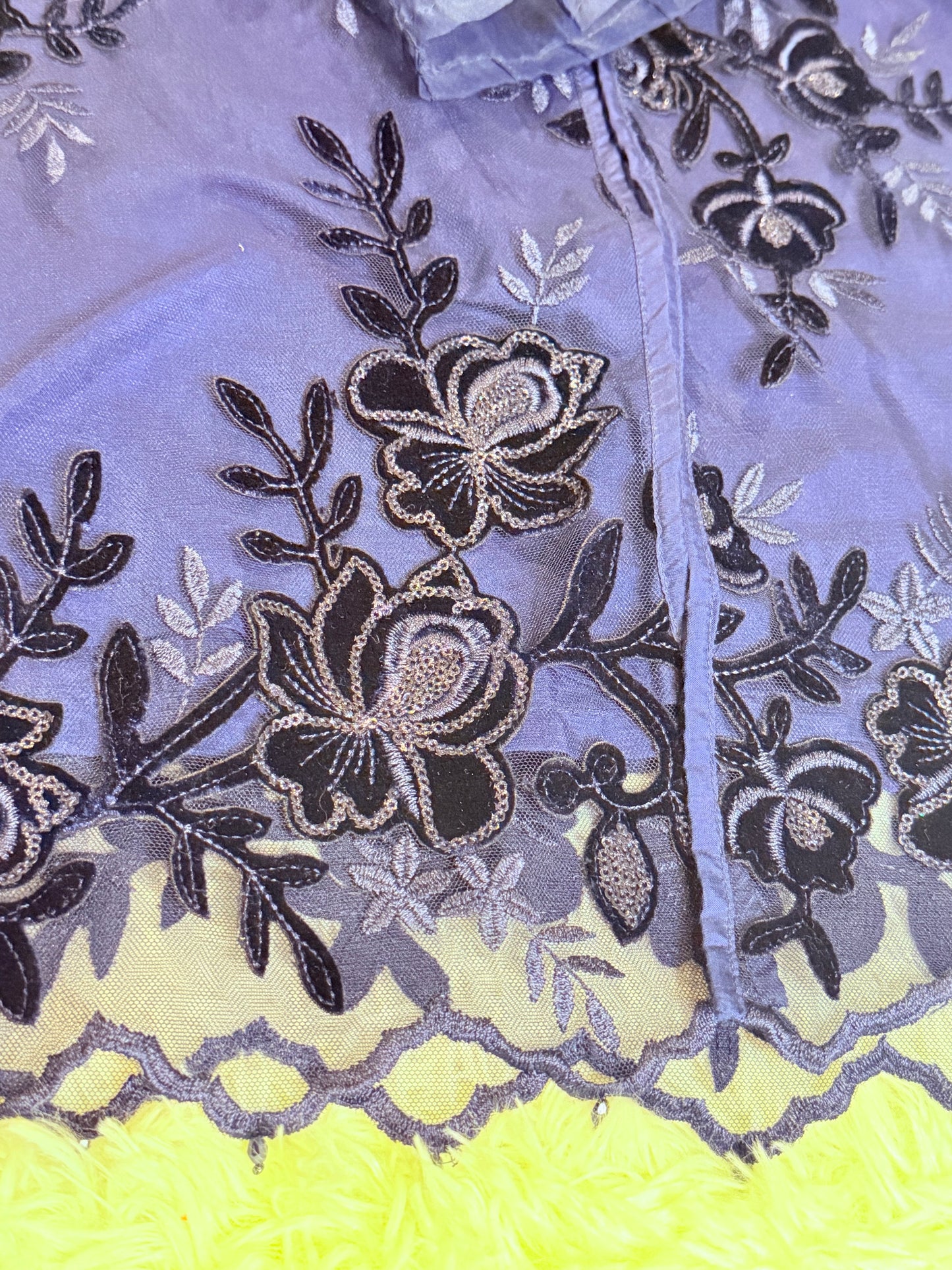 Sapphire Navy Blue Net Shirt with Black and Grey Floral Patterning with Metallic Threads and Sequins