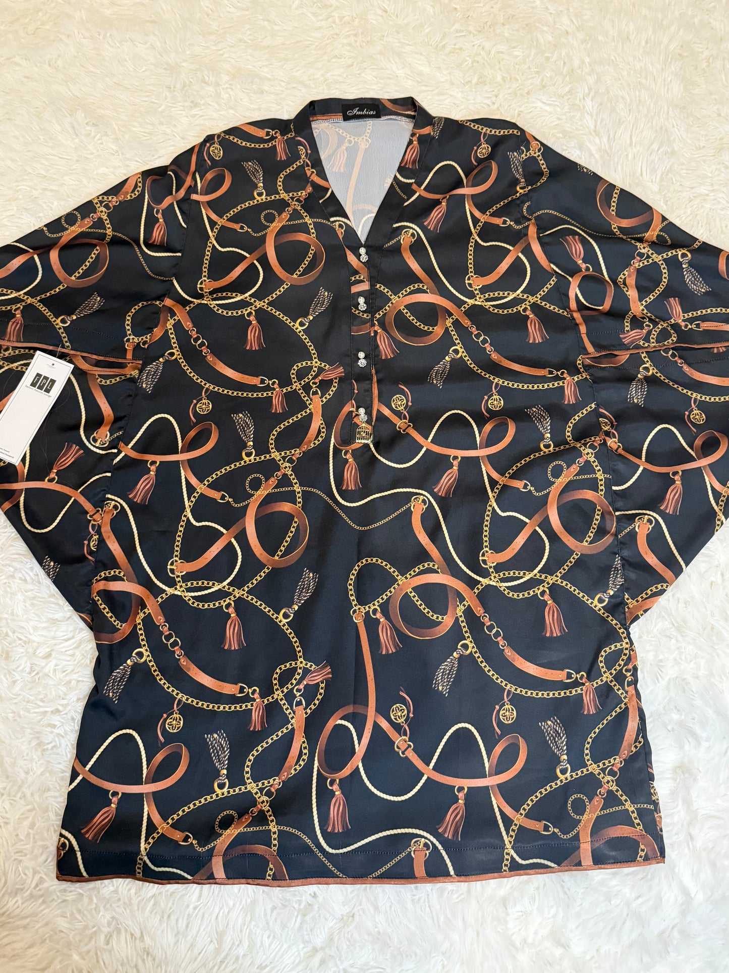 Imbias Black, Brown , and Dull Gold poncho shirt with Equestrian theme print