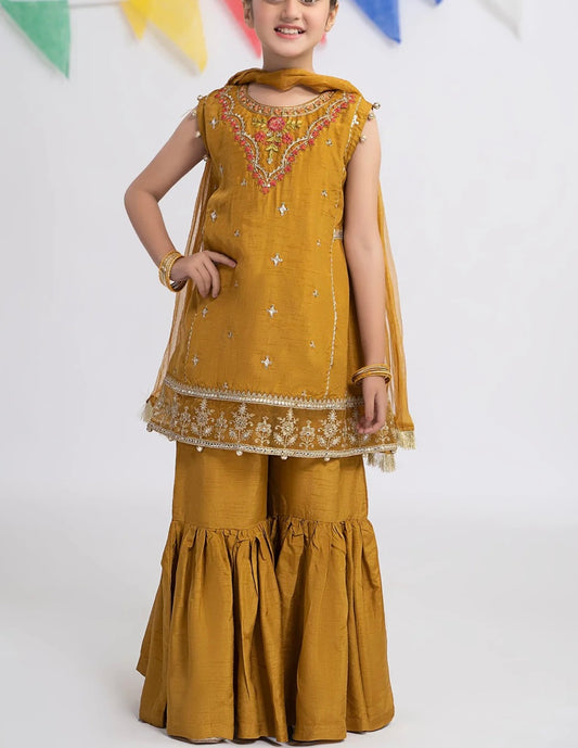 Maria B 3 Piece Embroidered Raw Silk Gharara Suit Rust Color (Girls), New with Tags