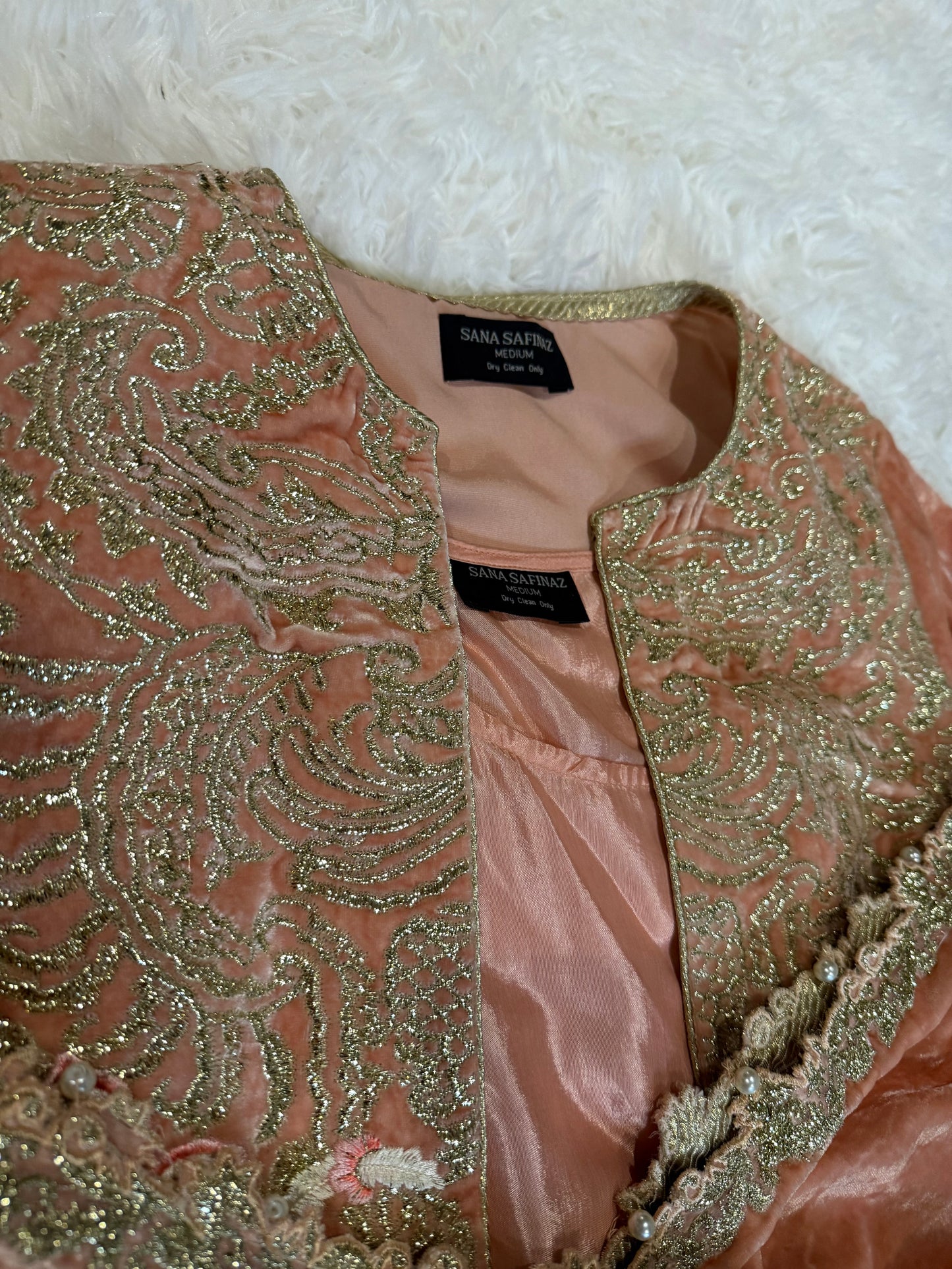 Sana Safinaz Peach Velvet Jacket with Silver, Pink, and White Floral Embroidery