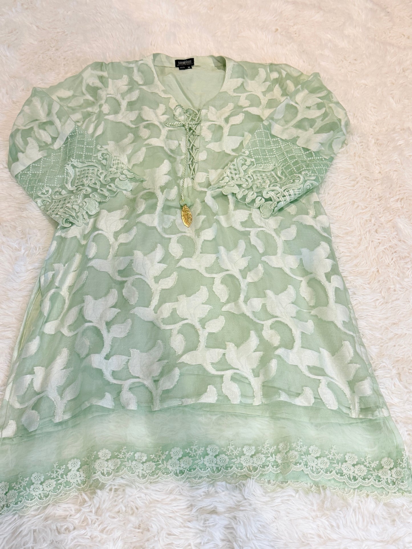 Sana Abbas Muted Seafoam Green Shirt with White Floral Pattern and Seafoam Green Embroidery