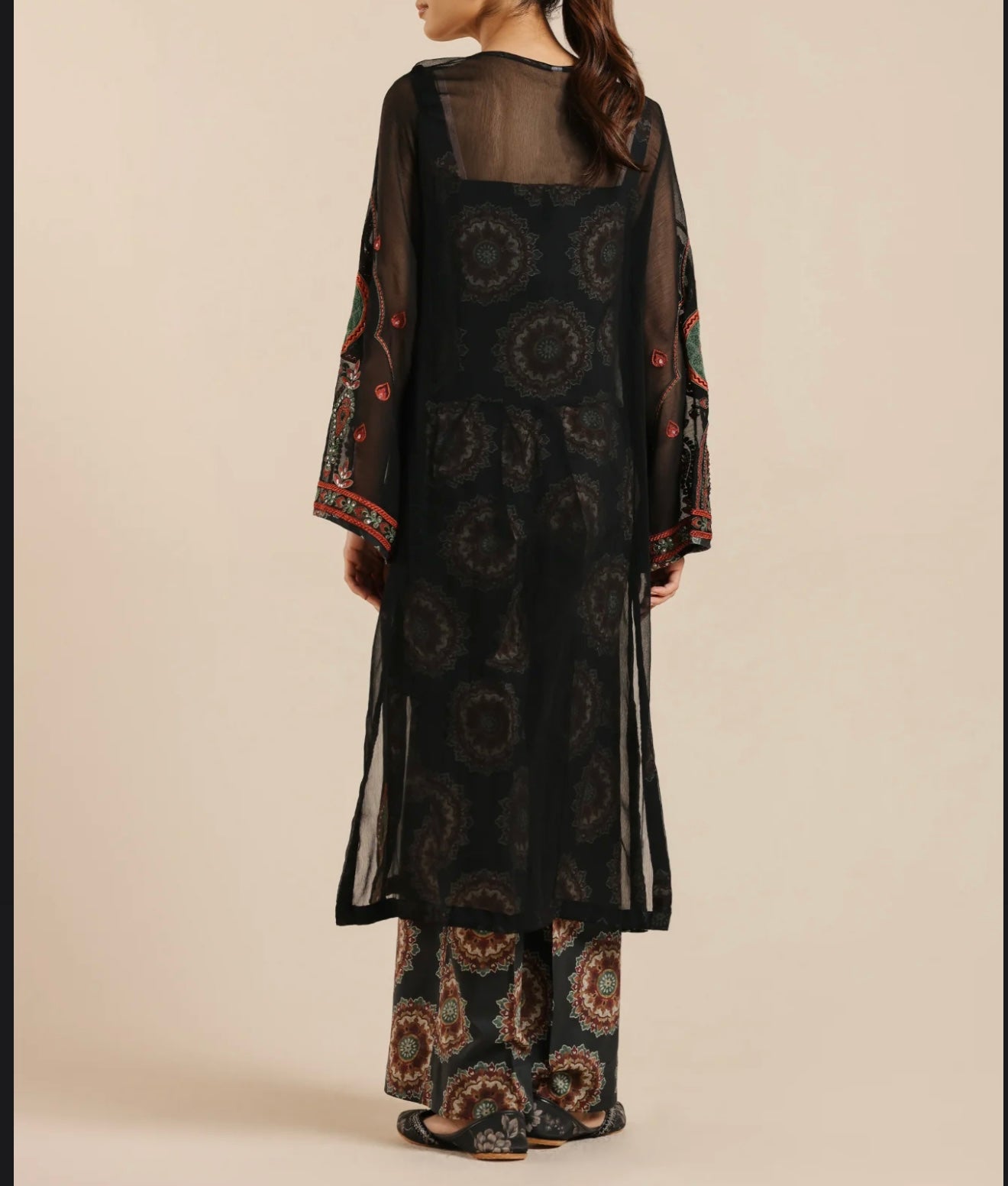 ETHNC Black Suit with Embroidery & Printed Slip and Trouser, New with Tags