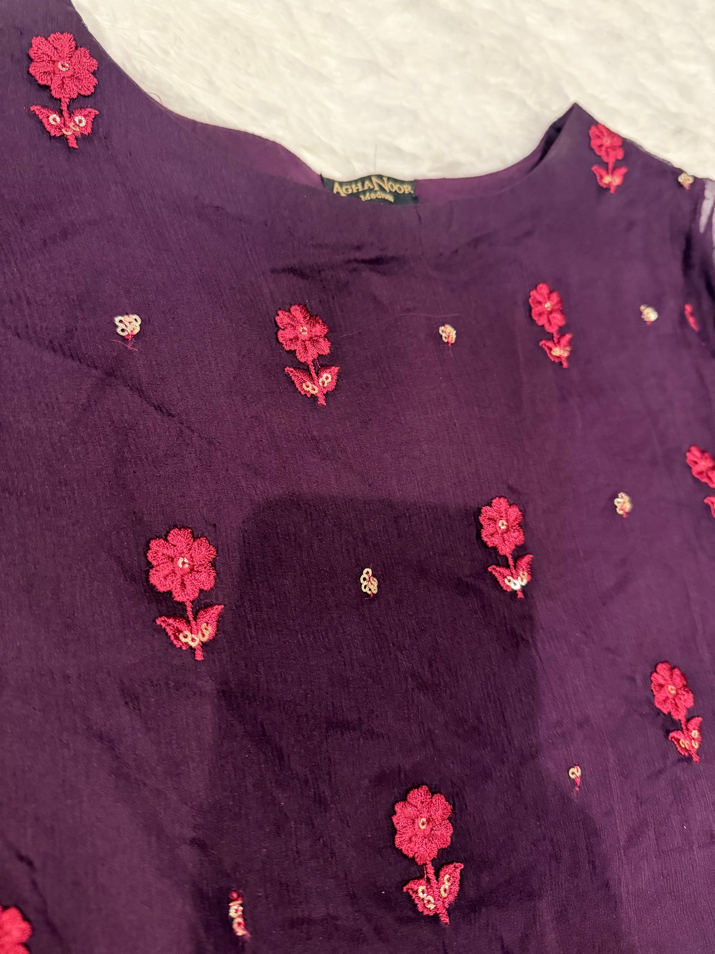 Agha Noor Deep Purple Chiffon Shirt with Magenta Embroidery and Golden Sequins.