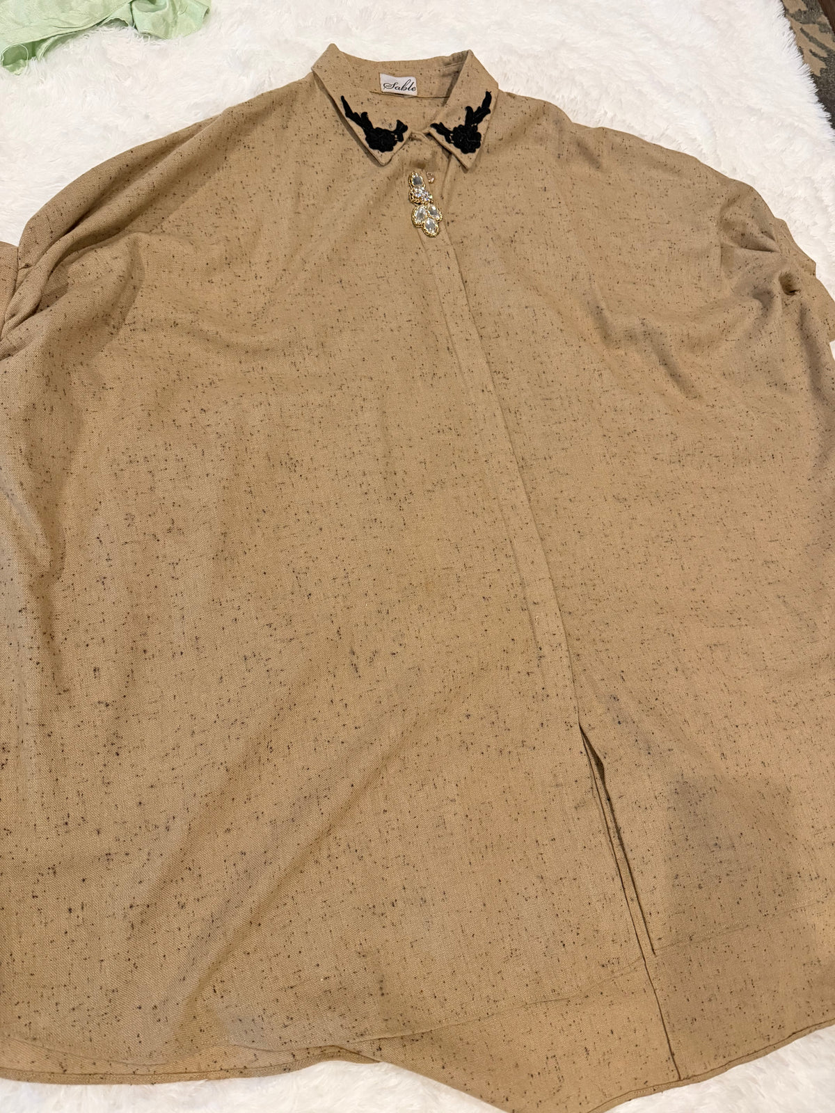 Sable Brown One Size Poncho Style loose fit shirt with Embroidery on Collar and front