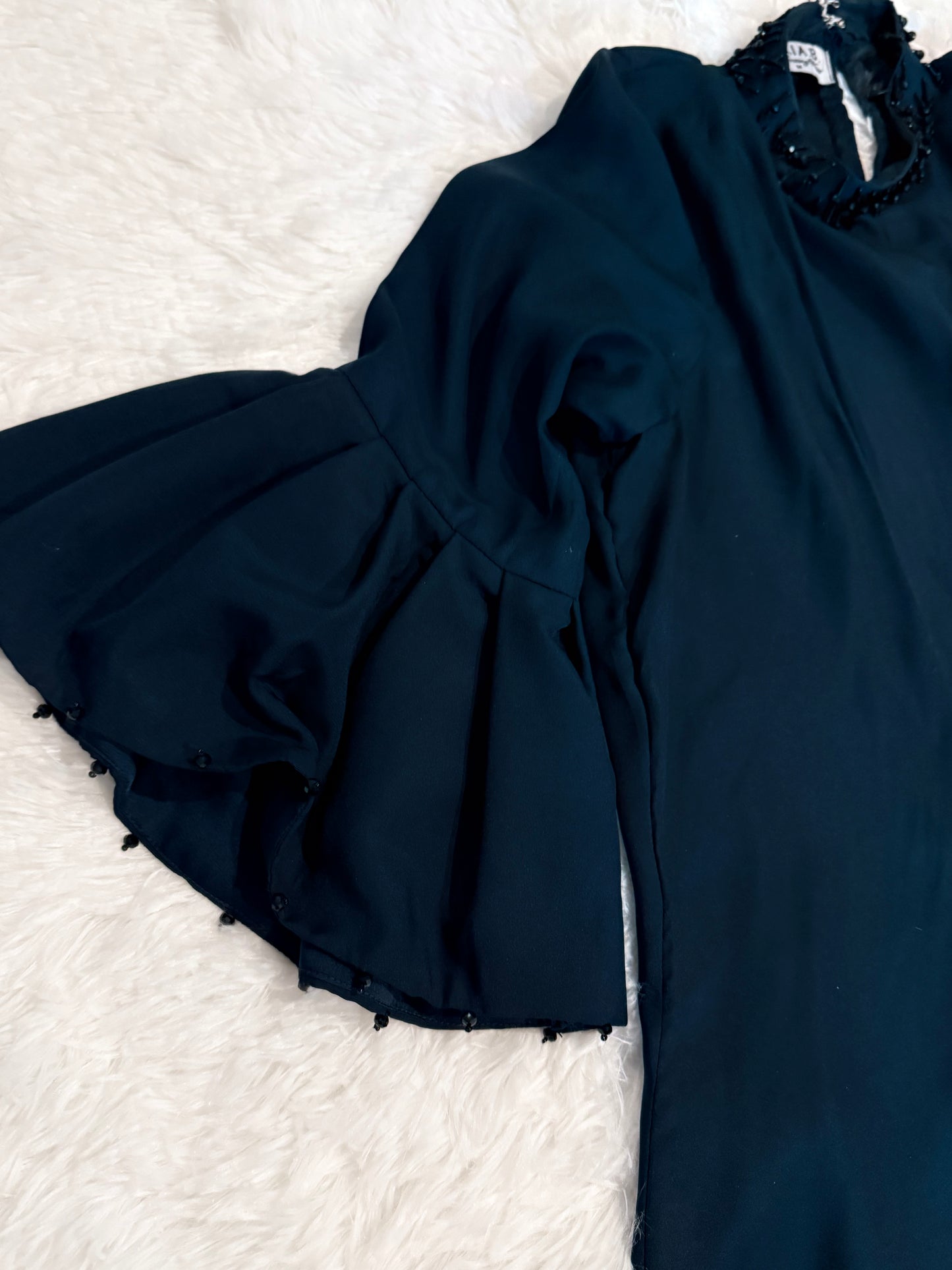 Maria B Evening Wear Collection Long Satin Shirt with Lace Hem and Stone details on Neckline and Sleeves