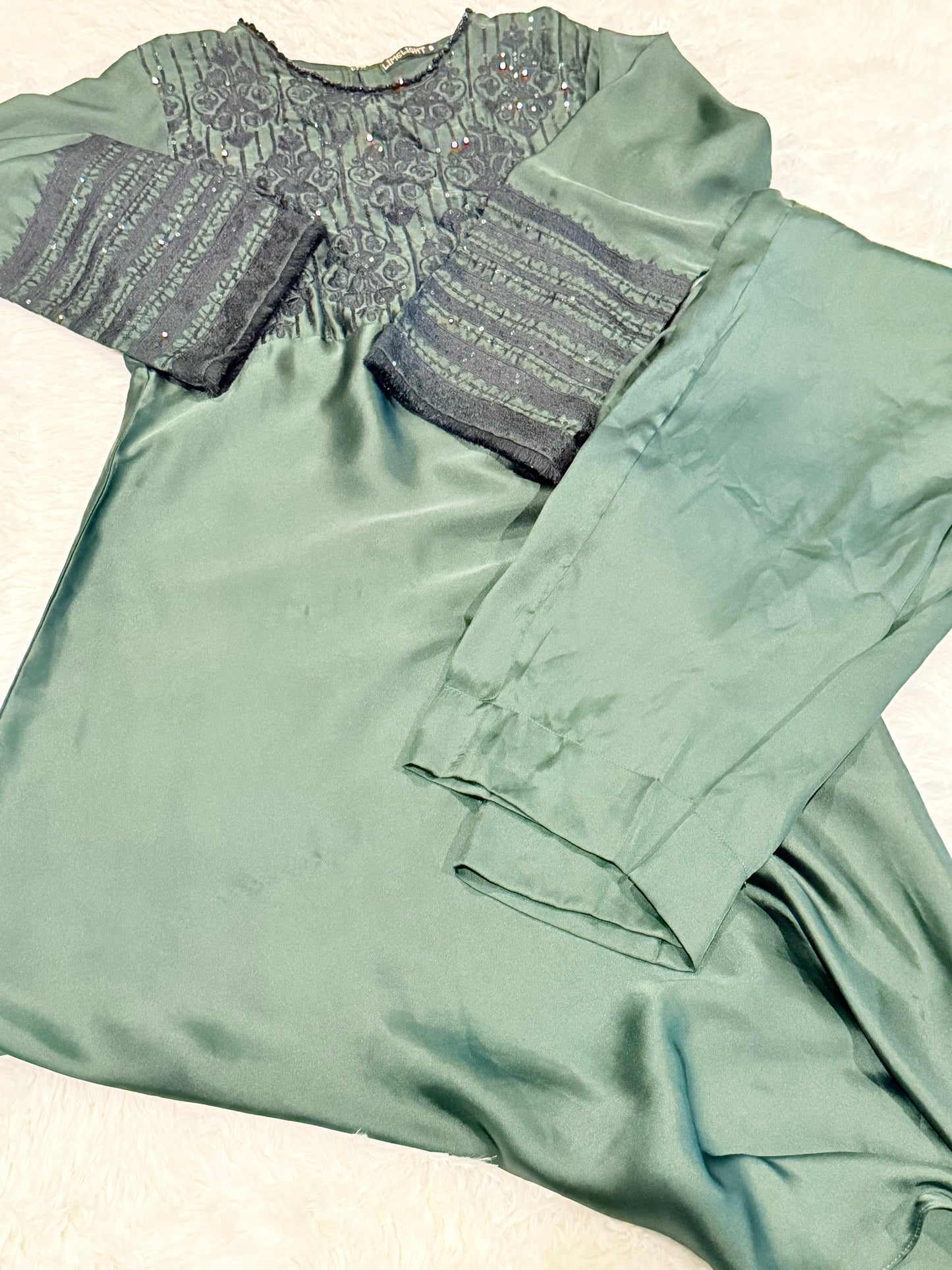 Limelight Bottle Green Silk Suit with Black Embroidery and Embellishments