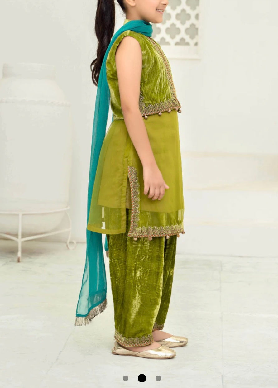 Maria B 4 Piece Velvet and Organza Suit Green Color (Girls), New with Tags