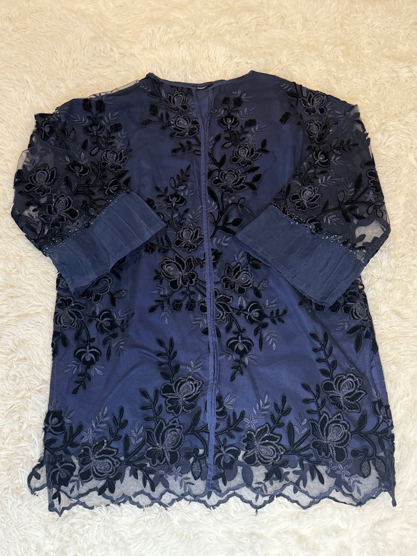 Sapphire Navy Blue Net Shirt with Black and Grey Floral Patterning with Metallic Threads and Sequins