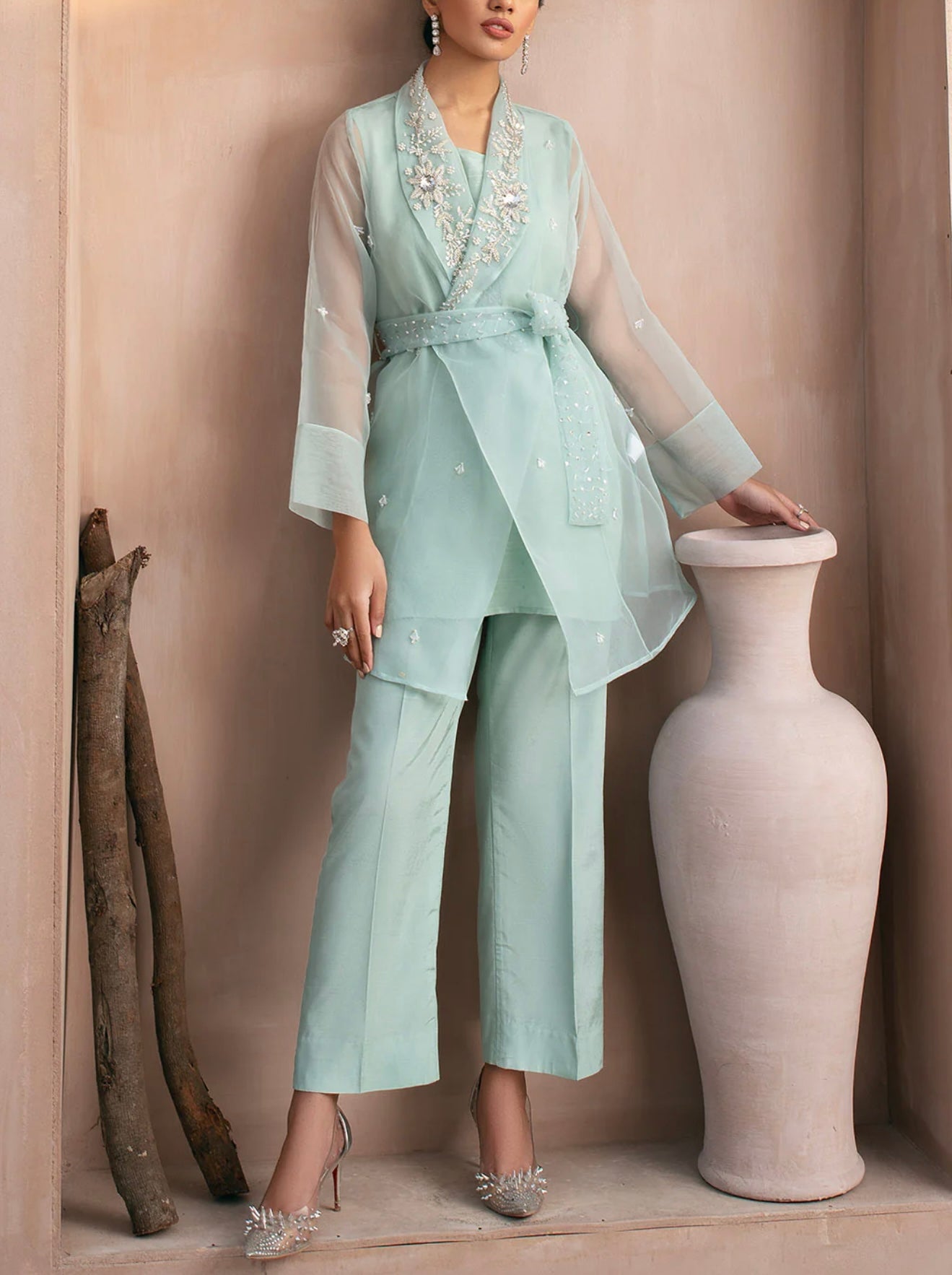 Vanya Ice Blue Jacket with Embellishments with Pants and Slip