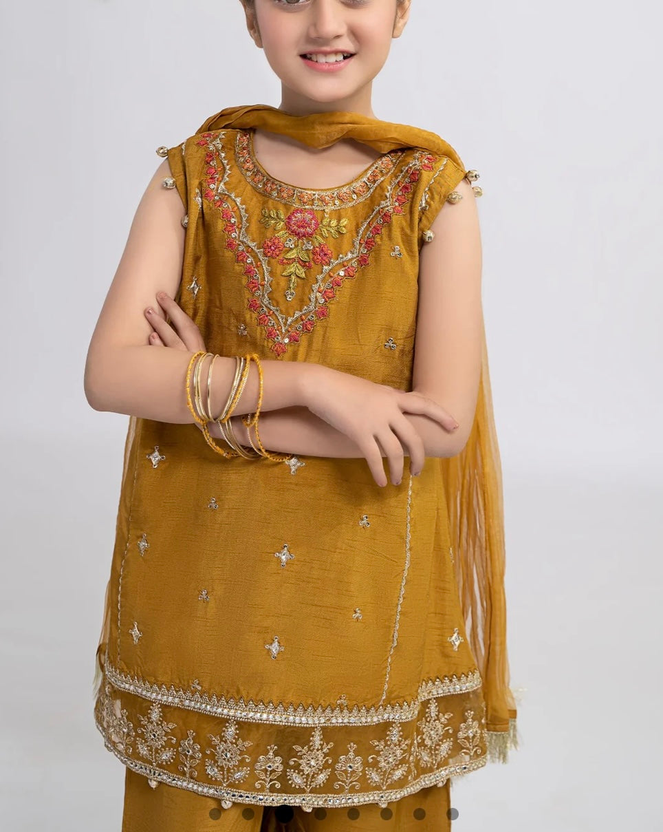 Maria B 3 Piece Embroidered Raw Silk Gharara Suit Rust Color (Girls), New with Tags