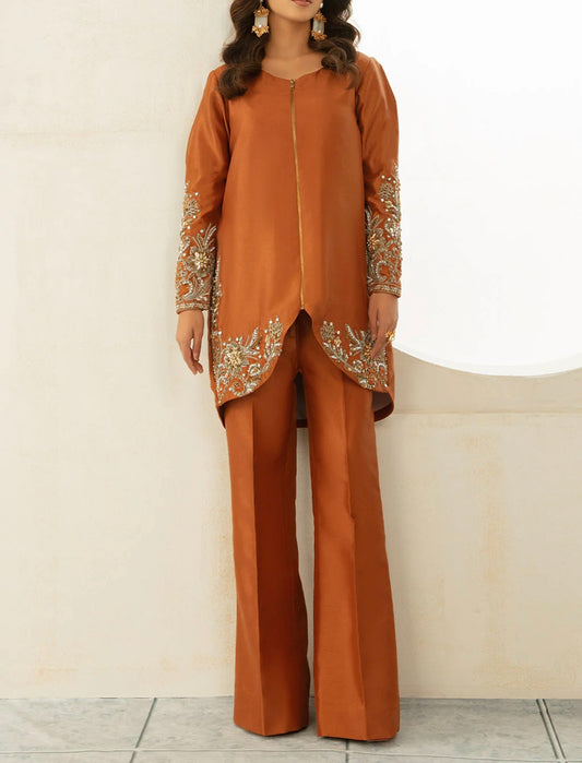 Vanya Rust Orange Embroidered Jacket with Pants