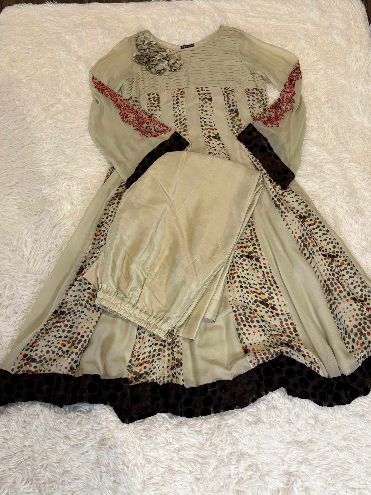 Asifa & Nabeel Cream Chiffon Anarkali Style Suit with Polka Dots