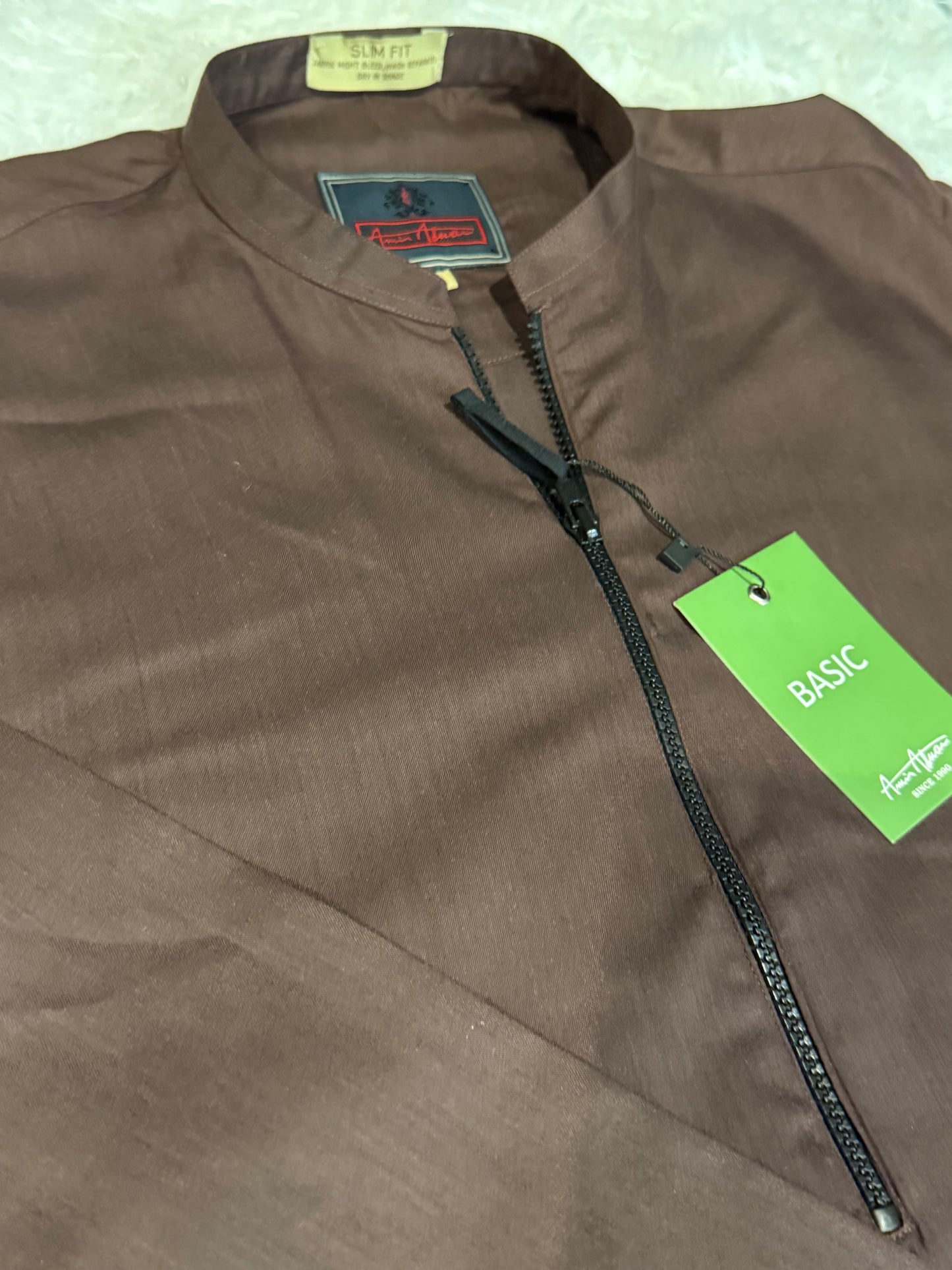 Amir Adnan Dark Maroon/Brown Kurta with Zip Collar in Soft Cotton Material