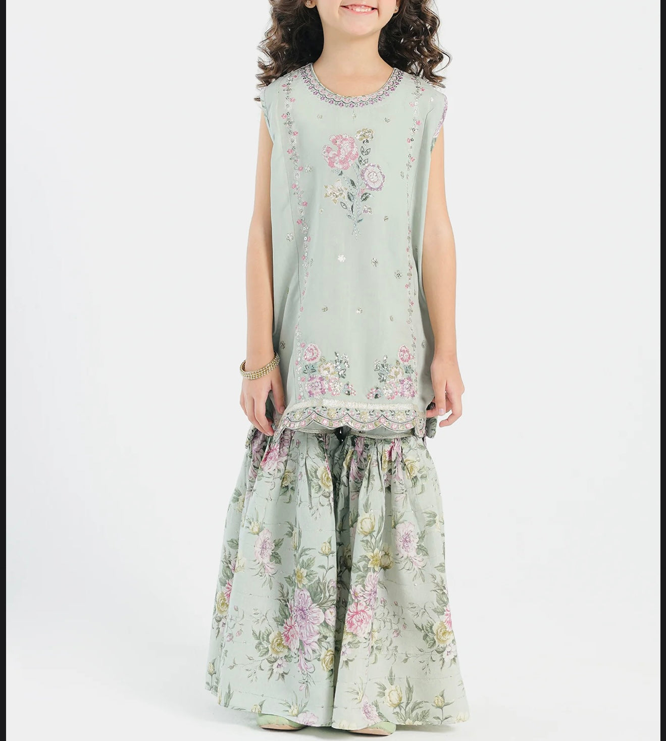 ETHNC Light Green 2 Piece Gharara Set with Embroidery & Details (Girls), New with Tags