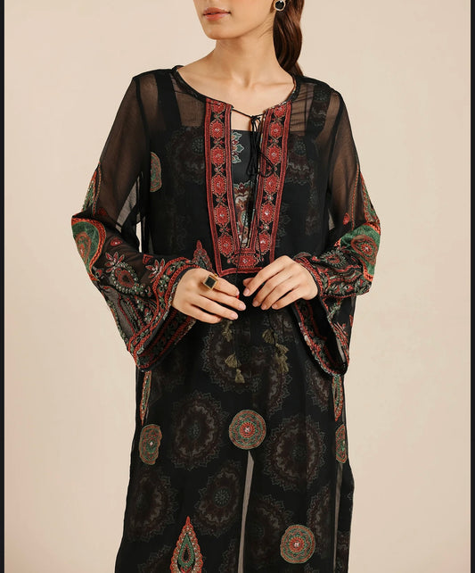 ETHNC Black Suit with Embroidery & Printed Slip and Trouser, New with Tags