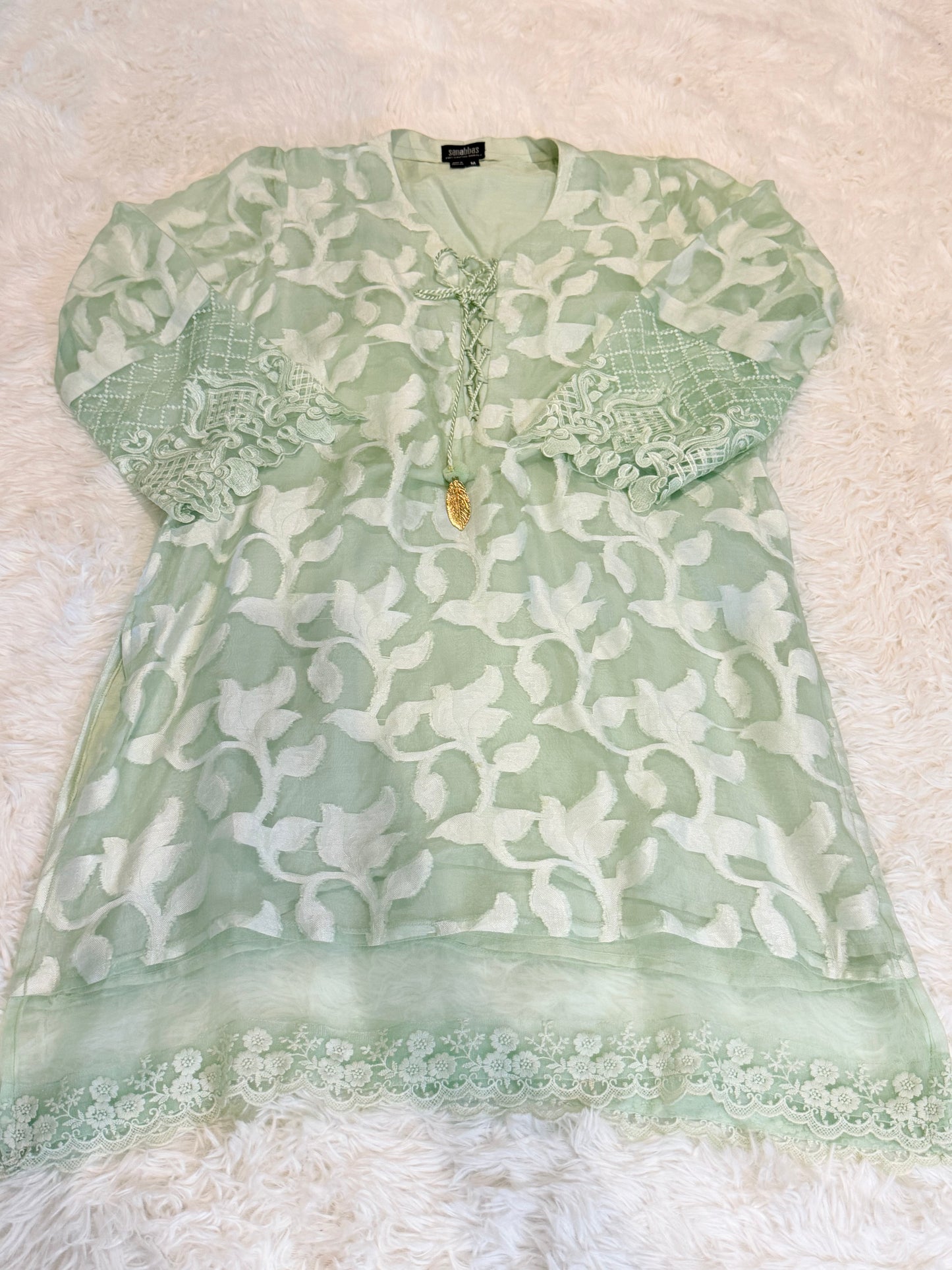 Sana Abbas Muted Seafoam Green Shirt with White Floral Pattern and Seafoam Green Embroidery