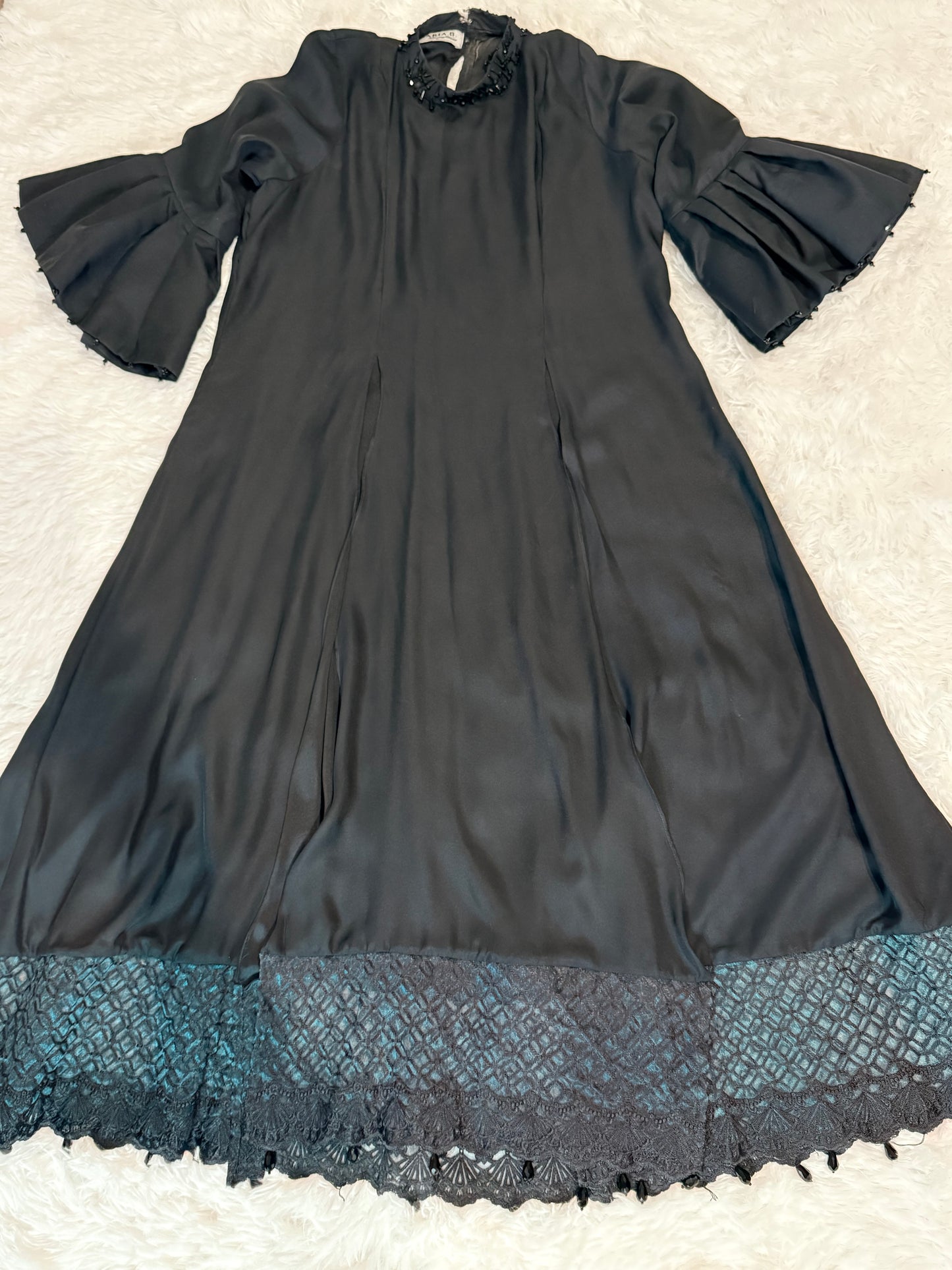 Maria B Evening Wear Collection Long Satin Shirt with Lace Hem and Stone details on Neckline and Sleeves