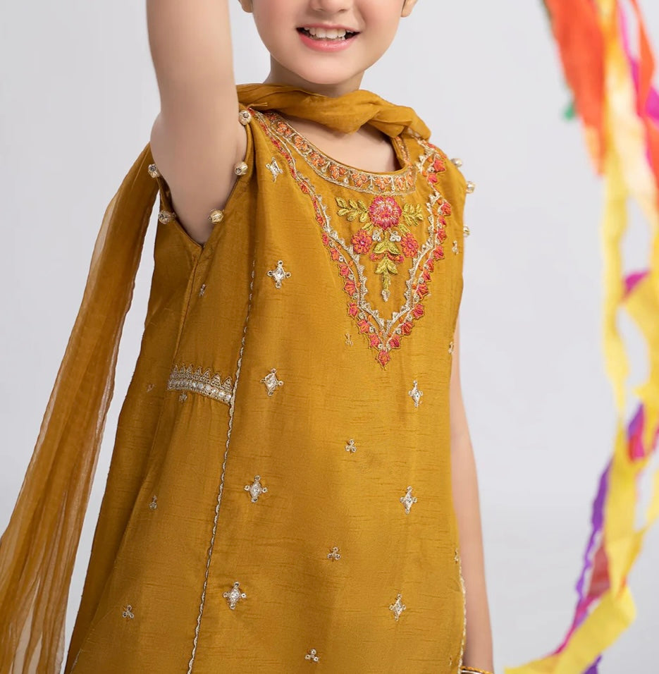 Maria B 3 Piece Embroidered Raw Silk Gharara Suit Rust Color (Girls), New with Tags
