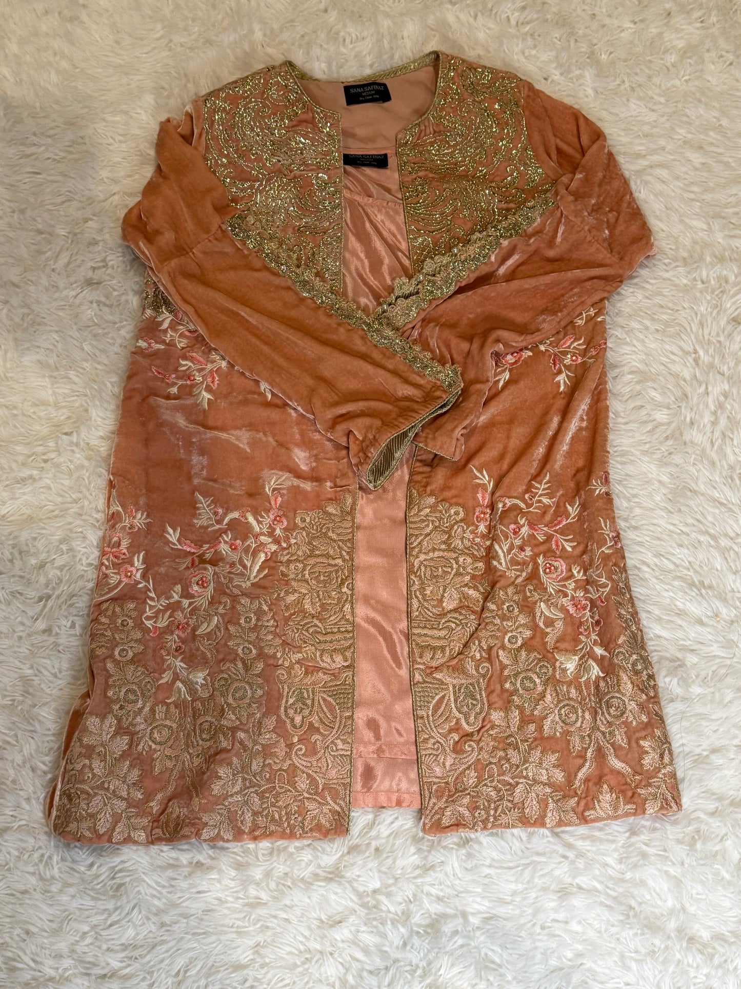 Sana Safinaz Peach Velvet Jacket with Silver, Pink, and White Floral Embroidery