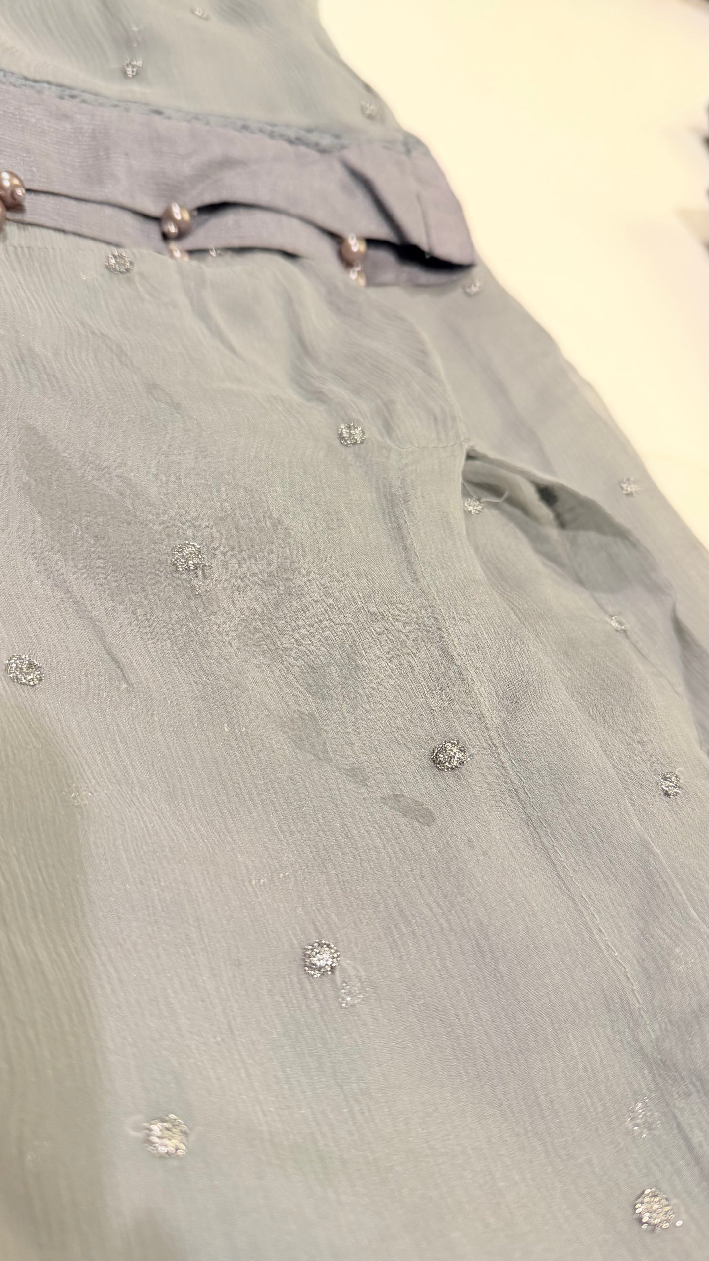Maria B Gray Chiffon Shirt with Metallic Thread Embroidery and Pearl trim on sleeves and hem