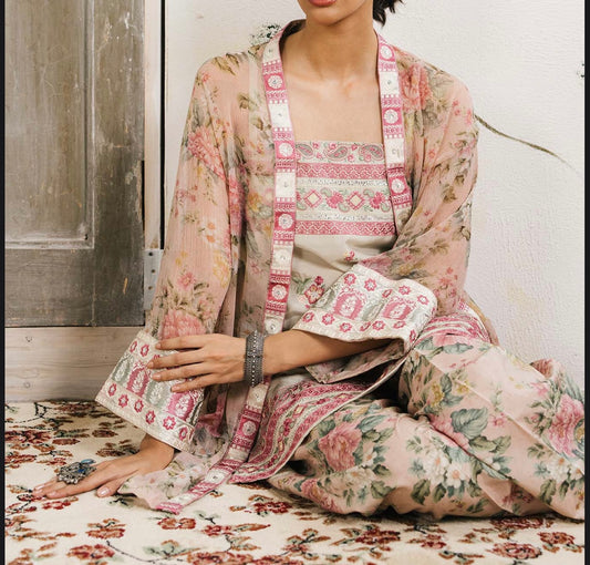 ETHNC Coral/Light Pink Floral Suit with Printed Slip and Trouser, New with Tags