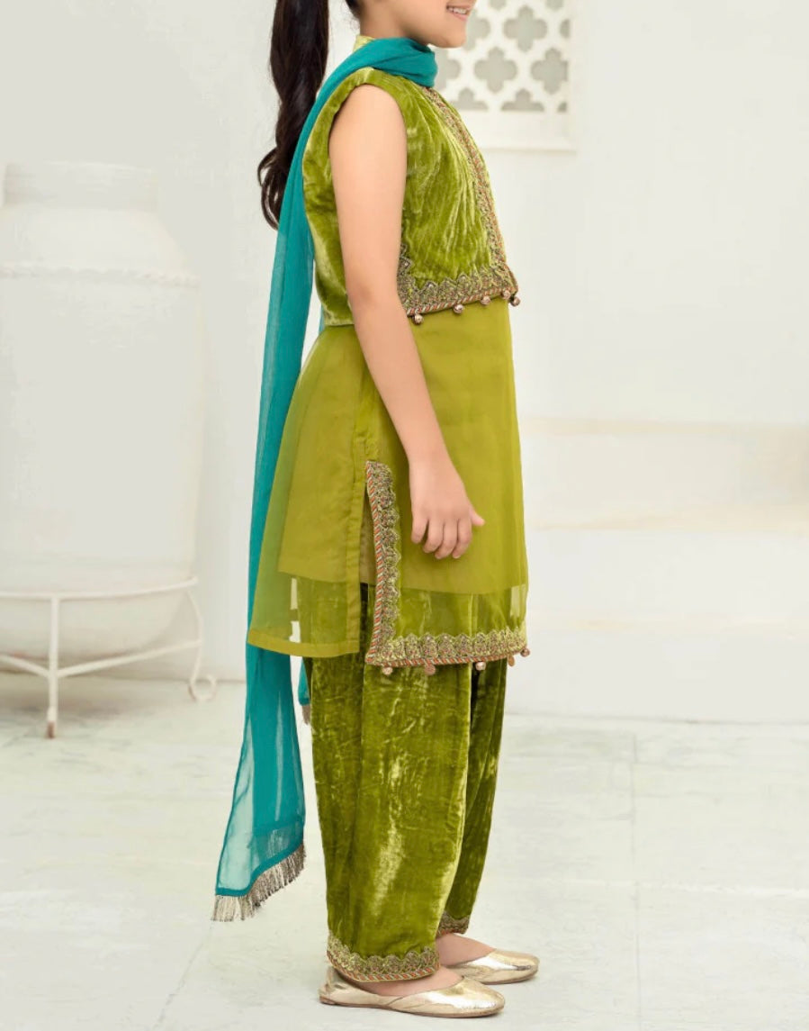 Maria B 4 Piece Velvet and Organza Suit Green Color (Girls), New with Tags