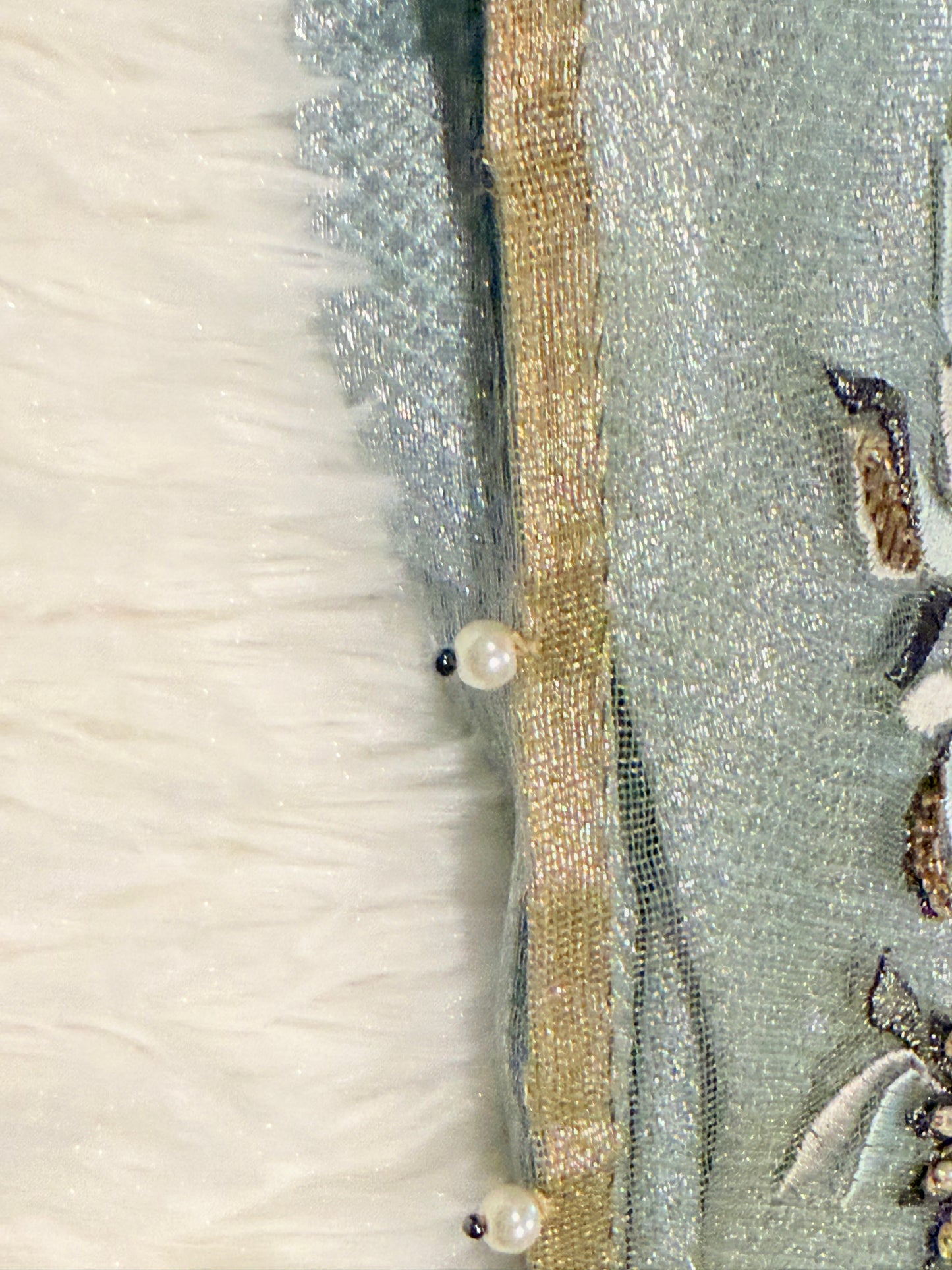Jeem Metallic Organza Shirt in Blue/Gray color with heavy embroidery and Jamawar Slip