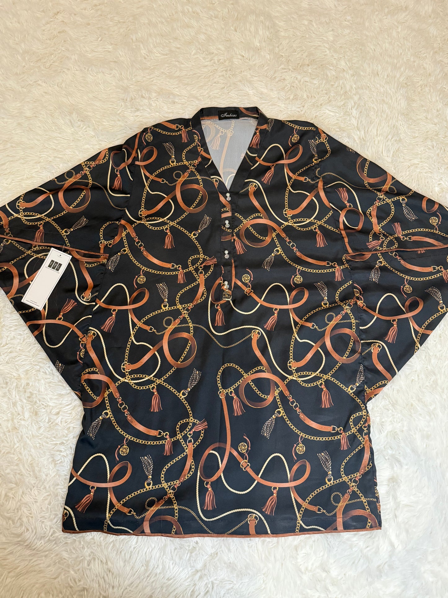 Imbias Black, Brown , and Dull Gold poncho shirt with Equestrian theme print