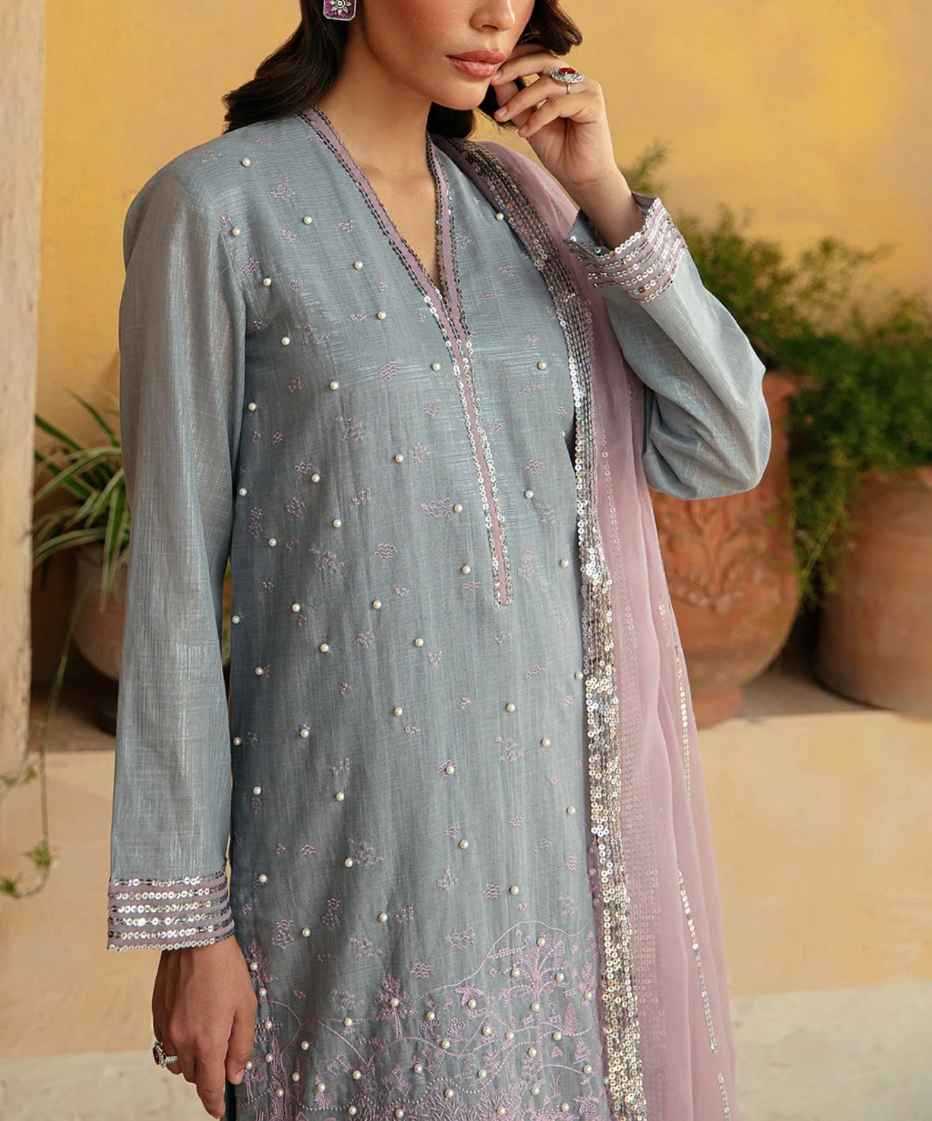 Vanya Light Purple Shirt Embellished with Lilac Embroidery with Pants and Dupatta