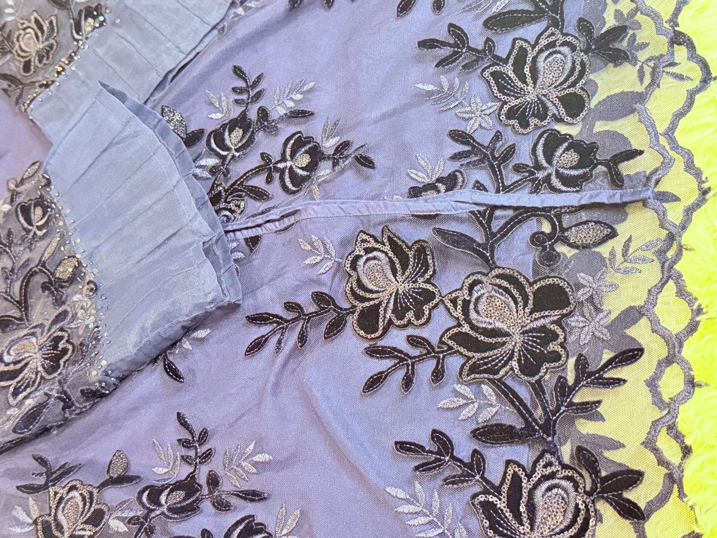 Sapphire Navy Blue Net Shirt with Black and Grey Floral Patterning with Metallic Threads and Sequins