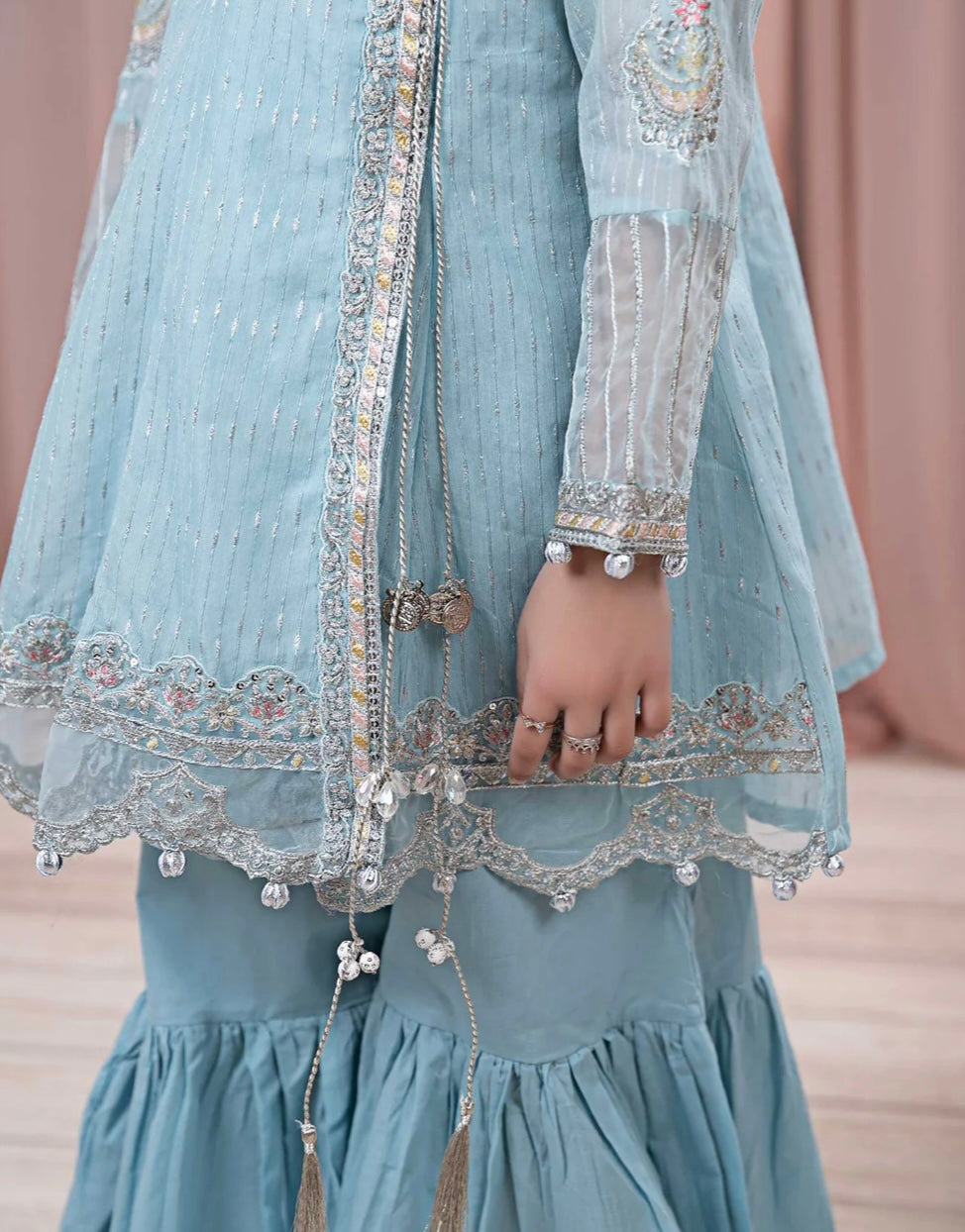 Maria B 3 Piece Embroidered Cotton Jacquard Zari Gharara Suit Blue (Girls), New with Tags