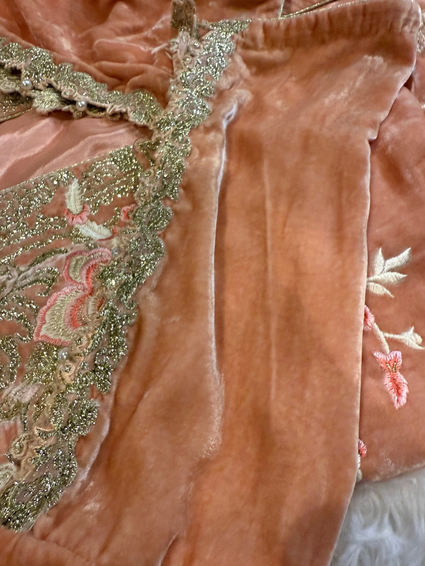 Sana Safinaz Peach Velvet Jacket with Silver, Pink, and White Floral Embroidery