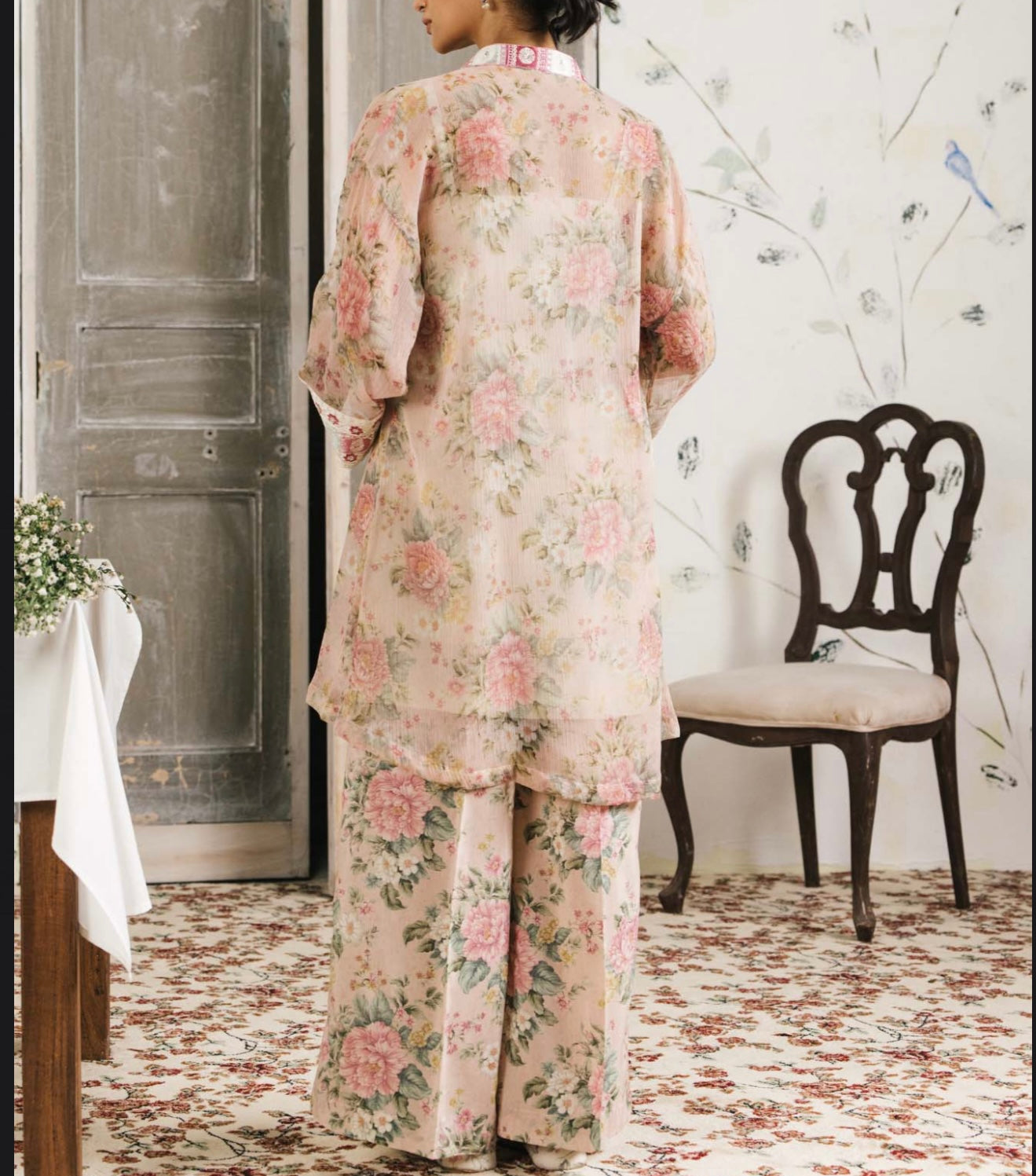 ETHNC Coral/Light Pink Floral Suit with Printed Slip and Trouser, New with Tags
