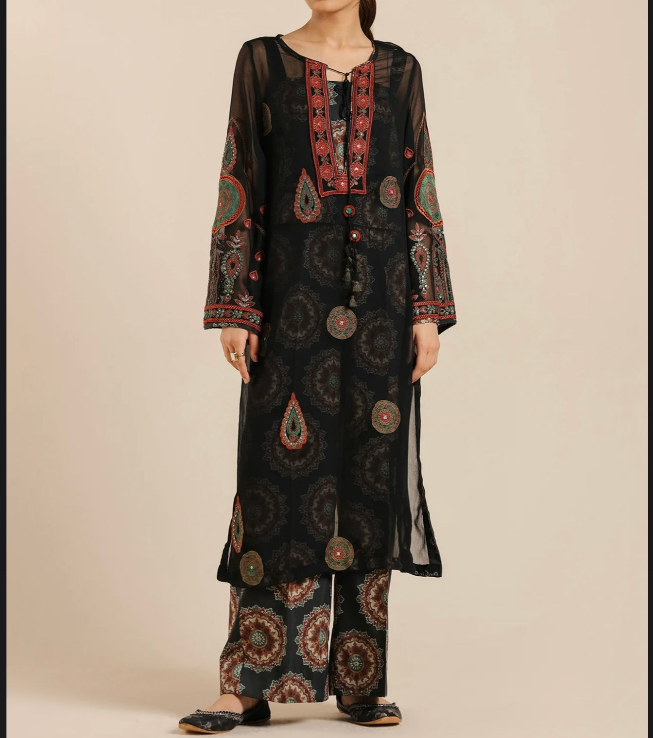 ETHNC Black Suit with Embroidery & Printed Slip and Trouser, New with Tags
