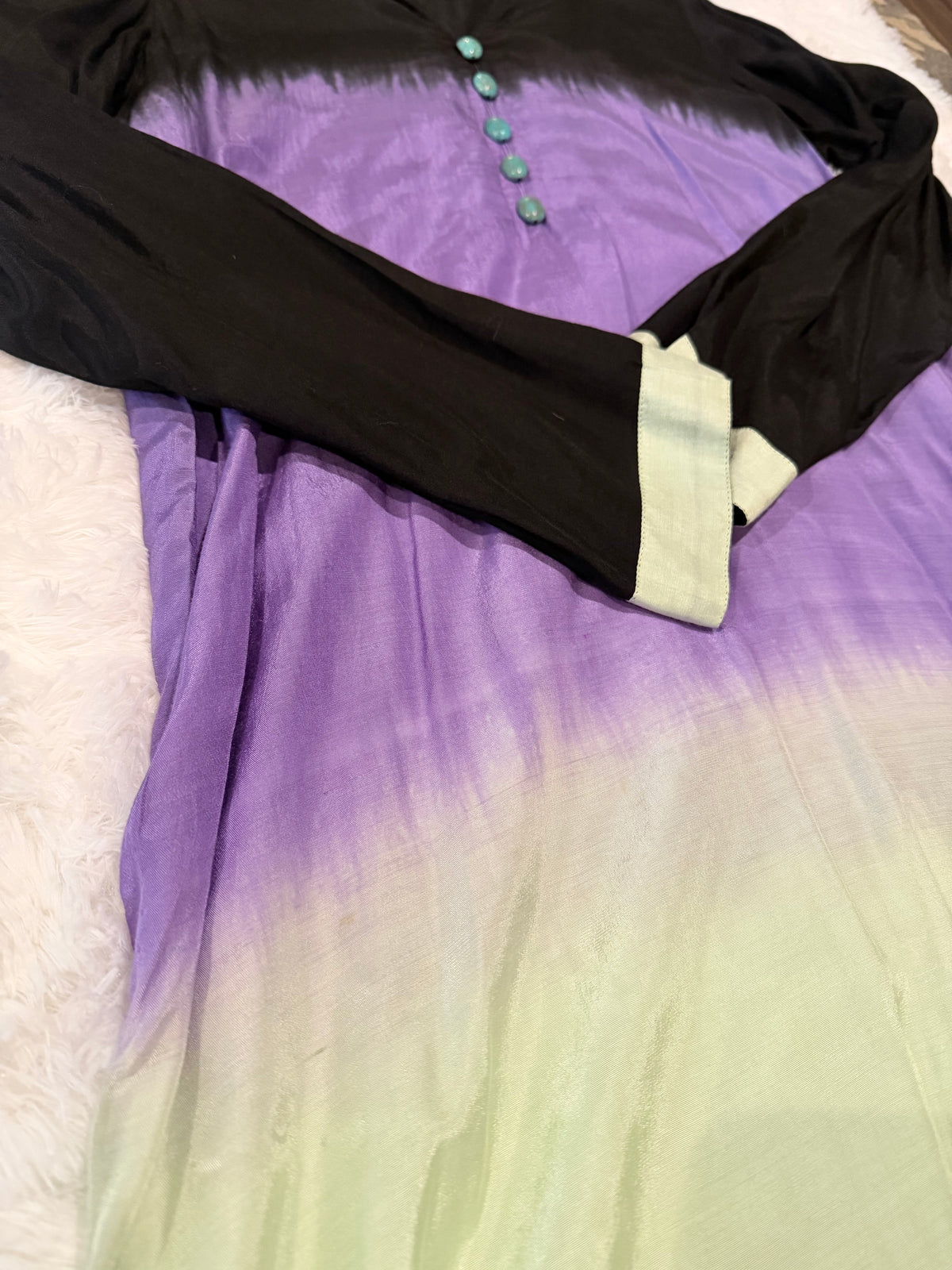 Karma Black Silk Tie & Dye style shirt with Turquoise buttons