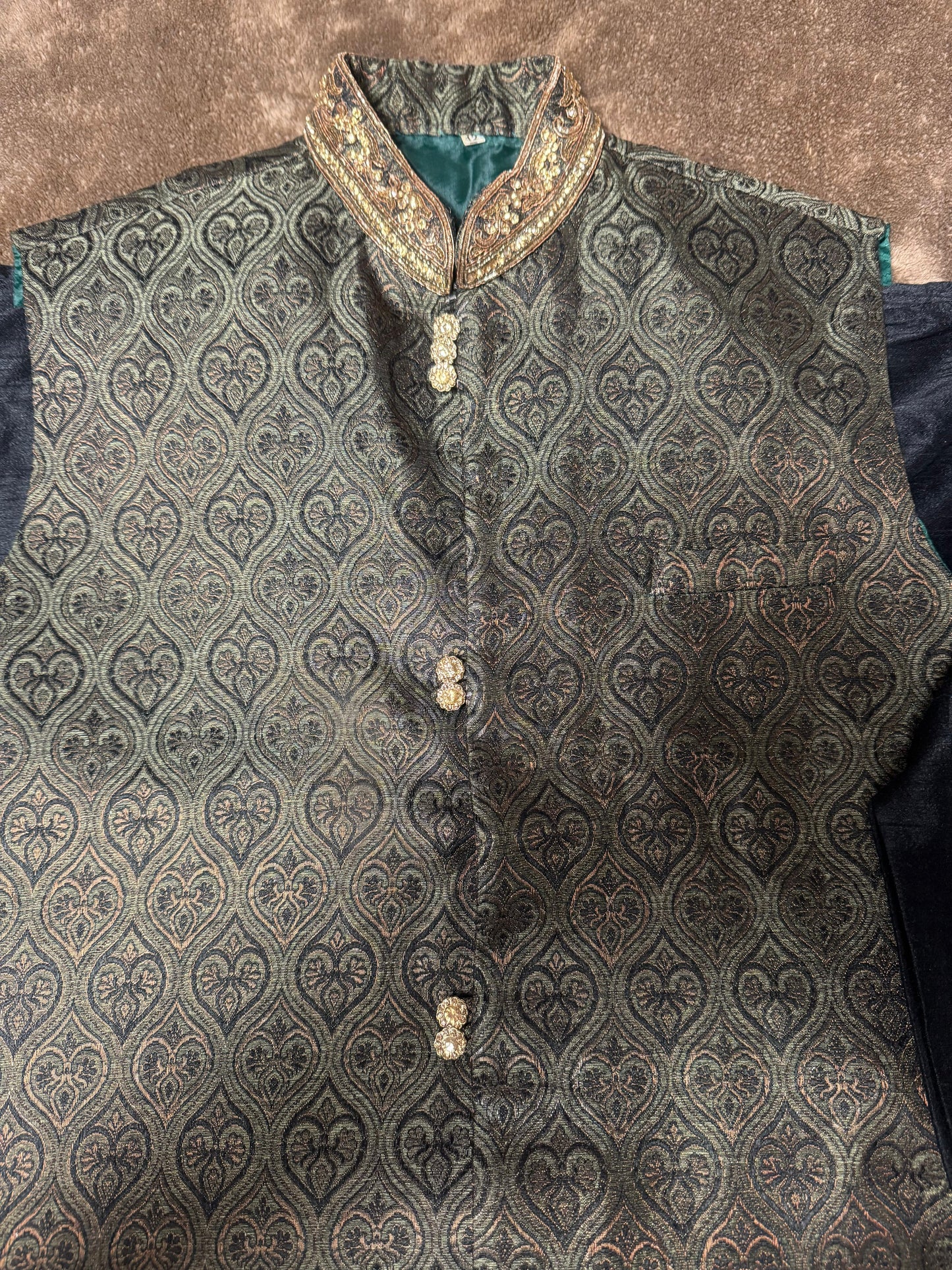 Black Silk Straight Kurta with Jamawar Vest with gold embellishments