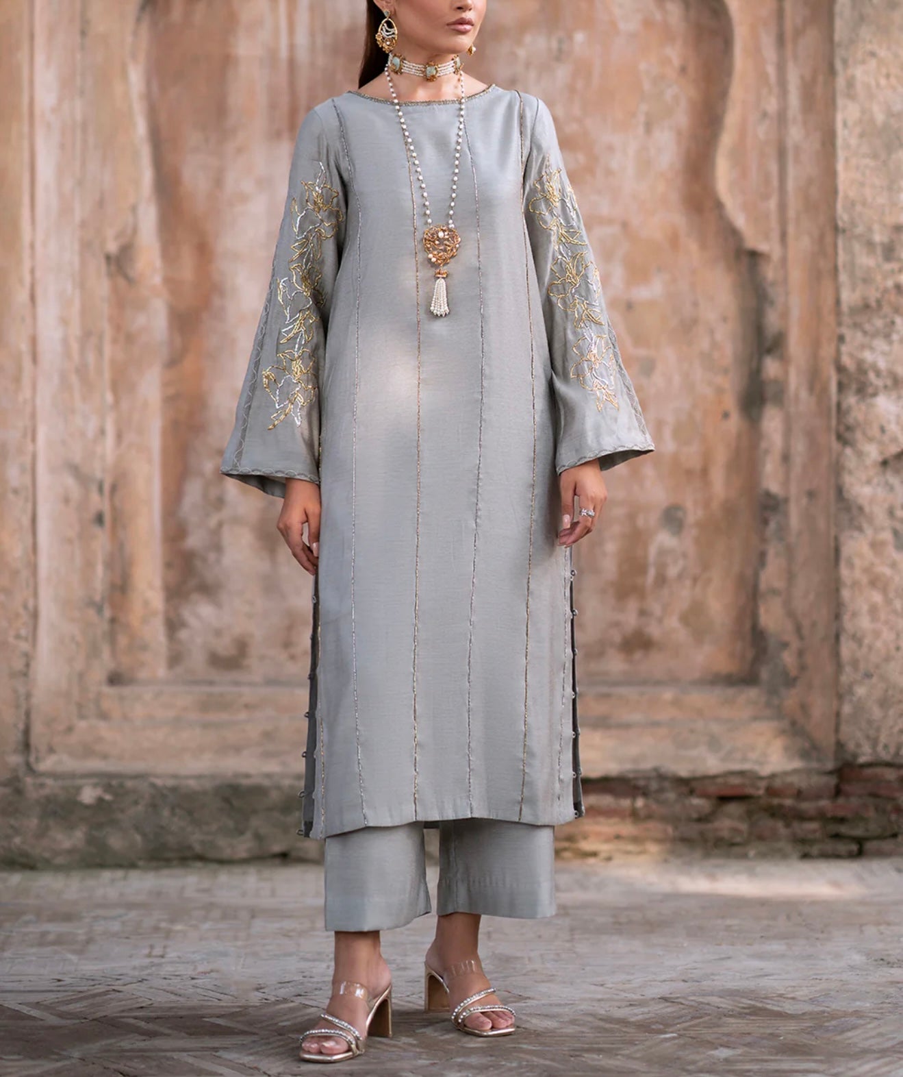 Vanya Ice Blue Gray Slate Embellished Shirt with Pants and Dupatta