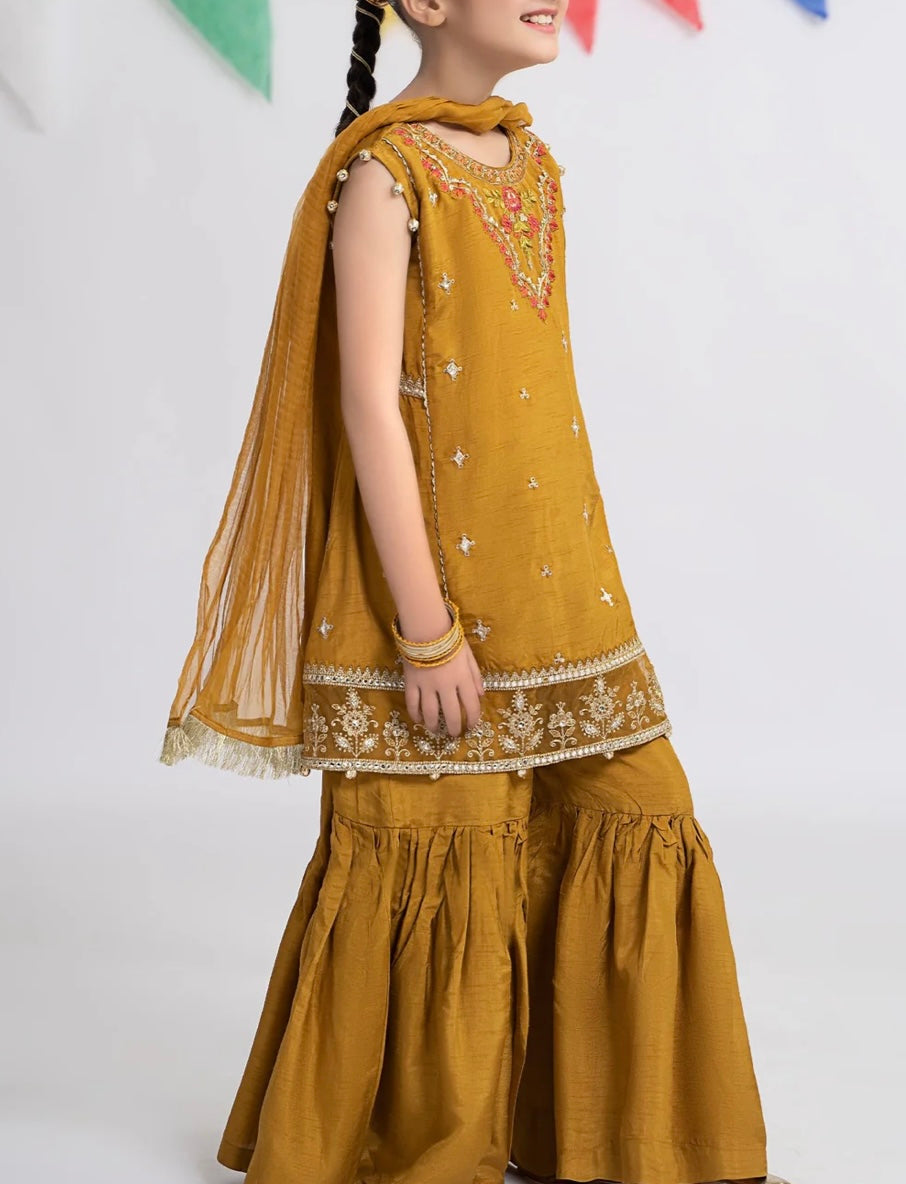 Maria B 3 Piece Embroidered Raw Silk Gharara Suit Rust Color (Girls), New with Tags