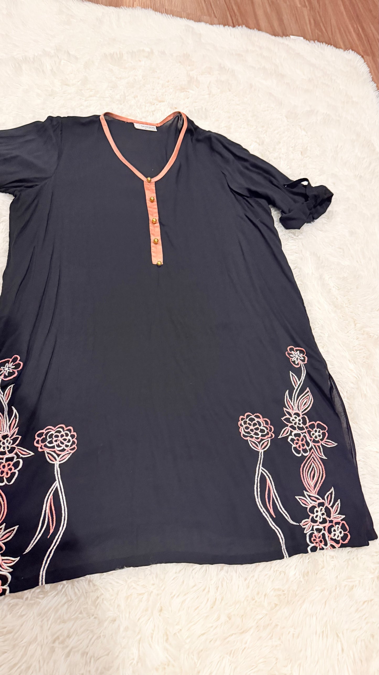 Karma Nation Black Slub Cotton Kurta with Pink and White Embroidery & Gold Buttons