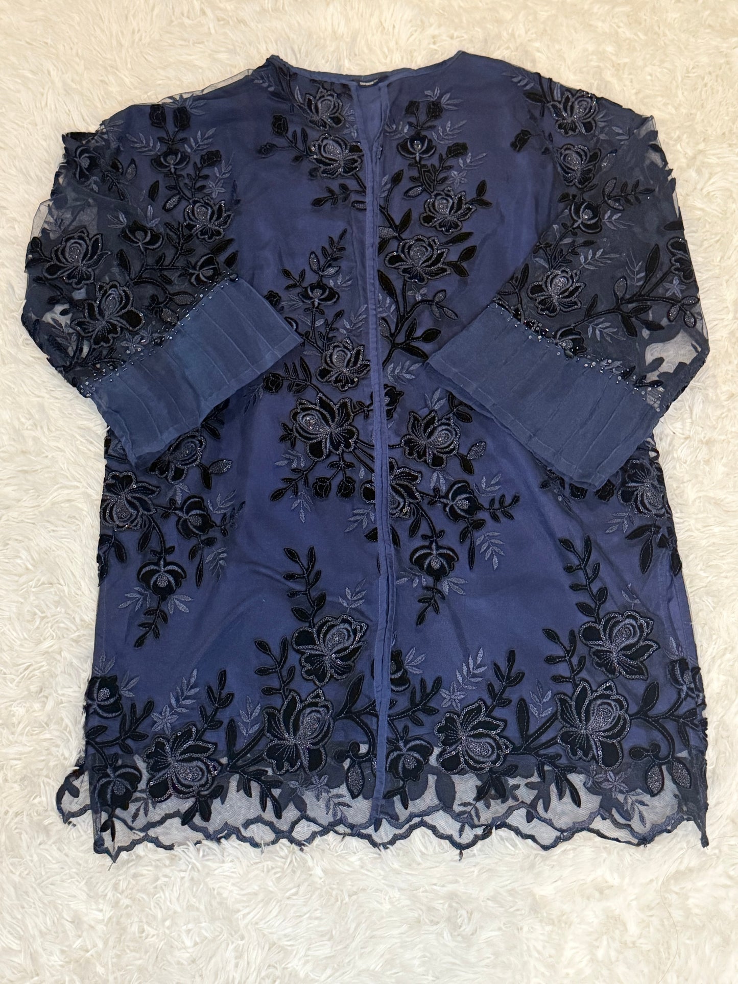Sapphire Navy Blue Net Shirt with Black and Grey Floral Patterning with Metallic Threads and Sequins
