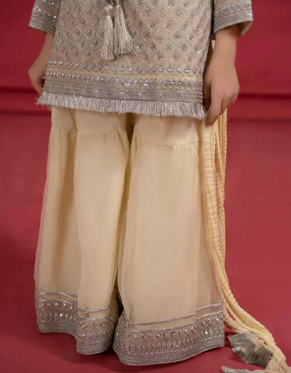 Maria B 3 Piece Organza Gharara Suit Pale Yellow Color (Girls), New with Tags