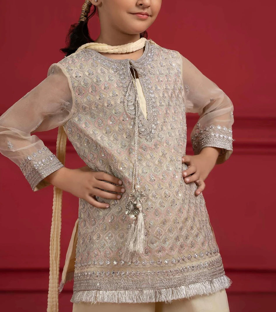 Maria B 3 Piece Organza Gharara Suit Pale Yellow Color (Girls), New with Tags