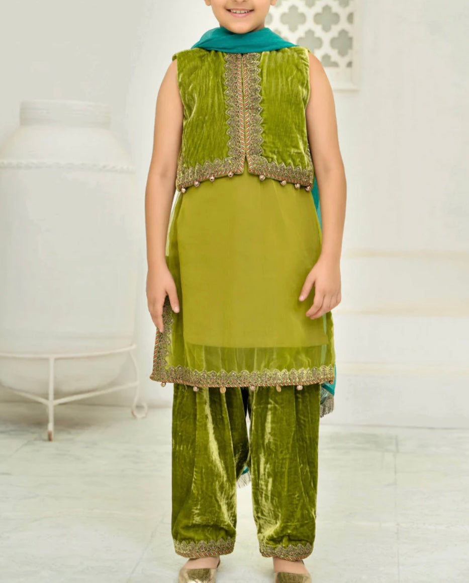 Maria B 4 Piece Velvet and Organza Suit Green Color (Girls), New with Tags